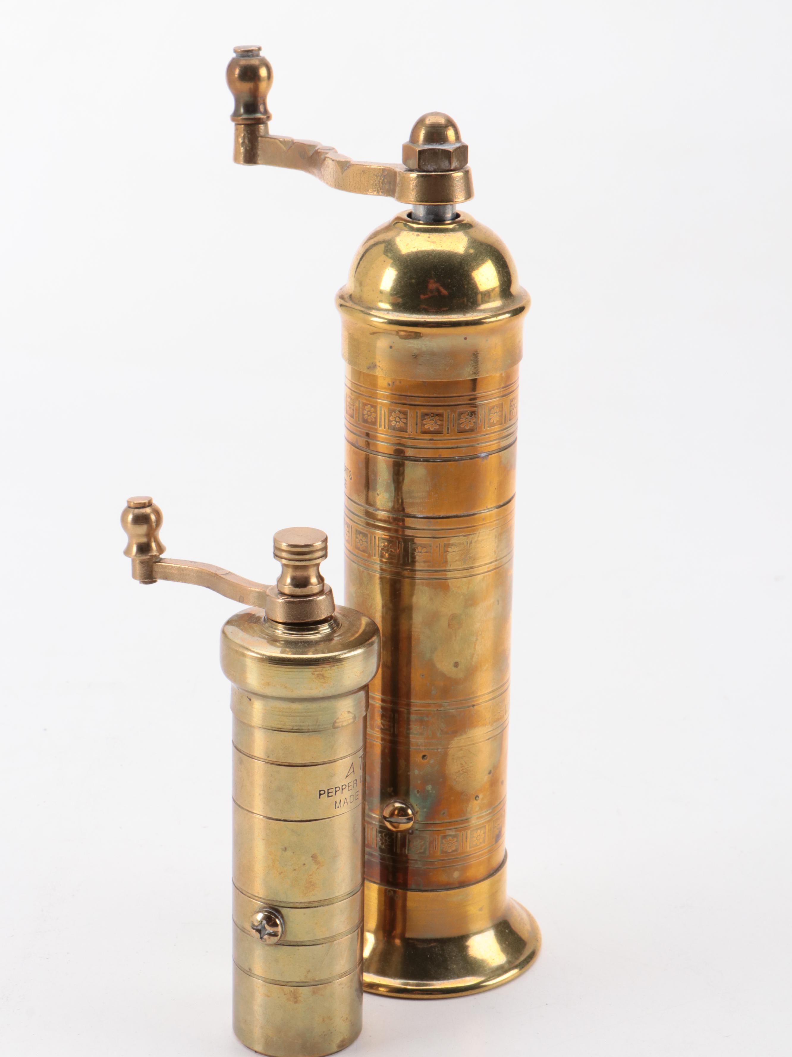 Chantal Enamel Pots with Chased Brass Pepper Mills and Other Cookware