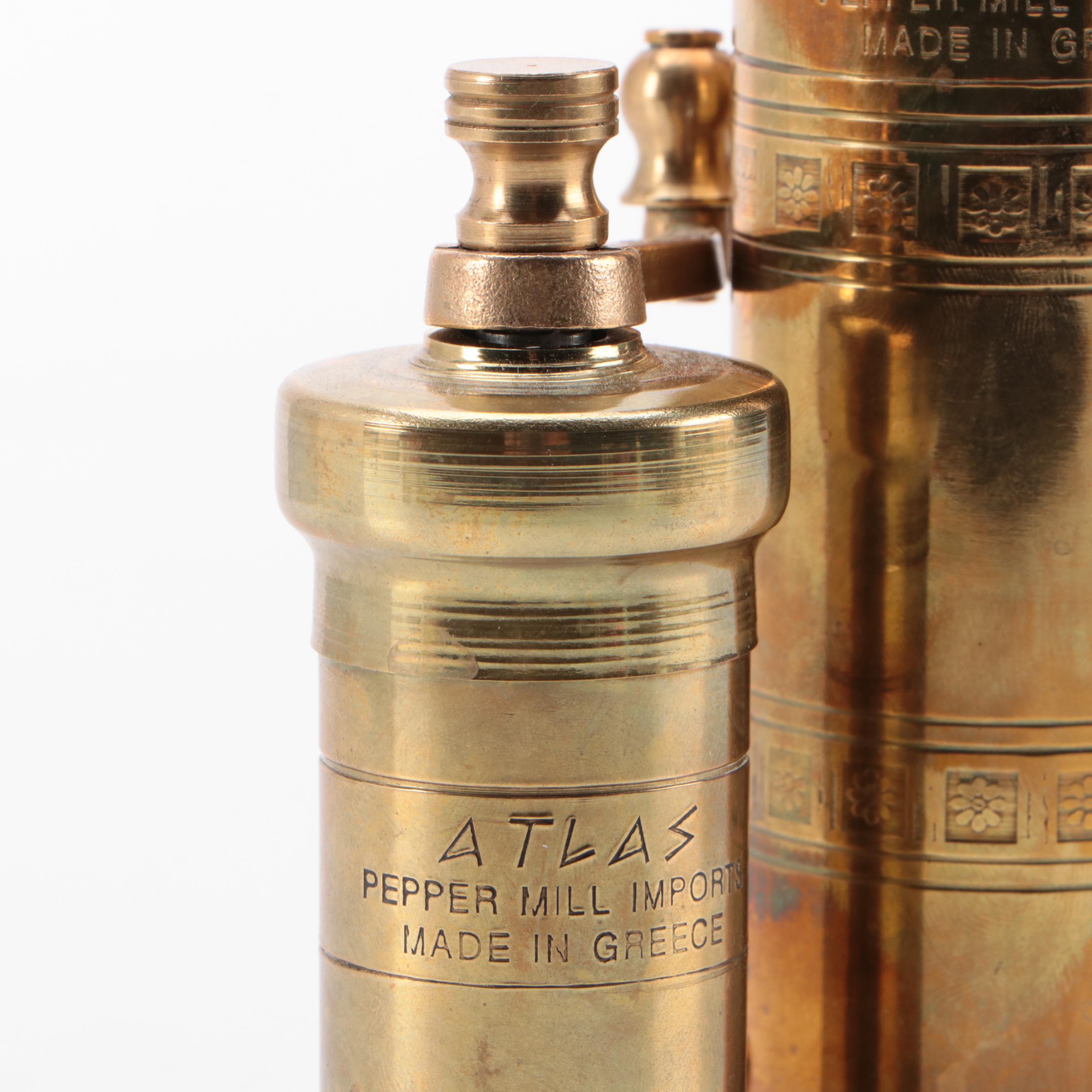 Chantal Enamel Pots with Chased Brass Pepper Mills and Other Cookware