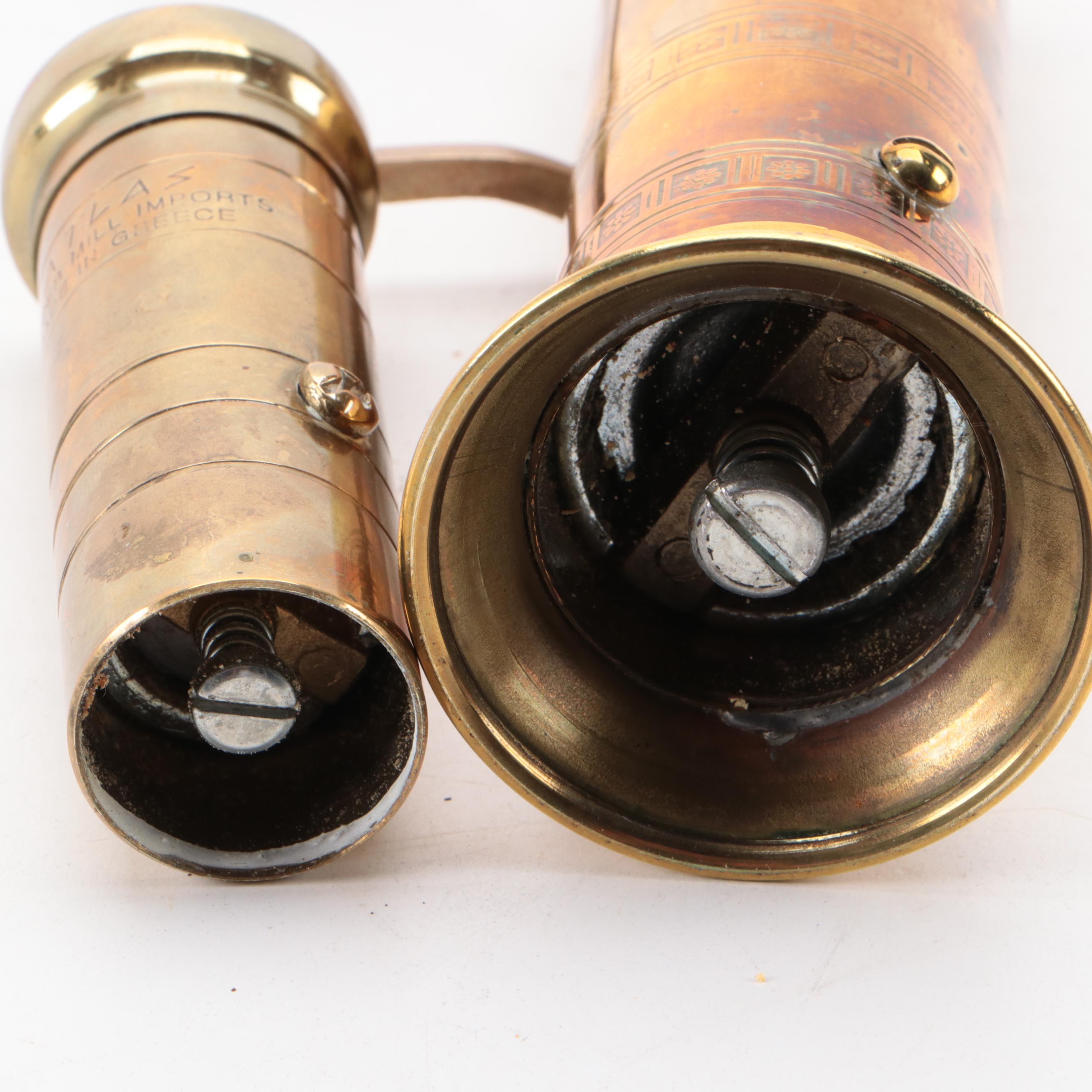 Chantal Enamel Pots with Chased Brass Pepper Mills and Other Cookware