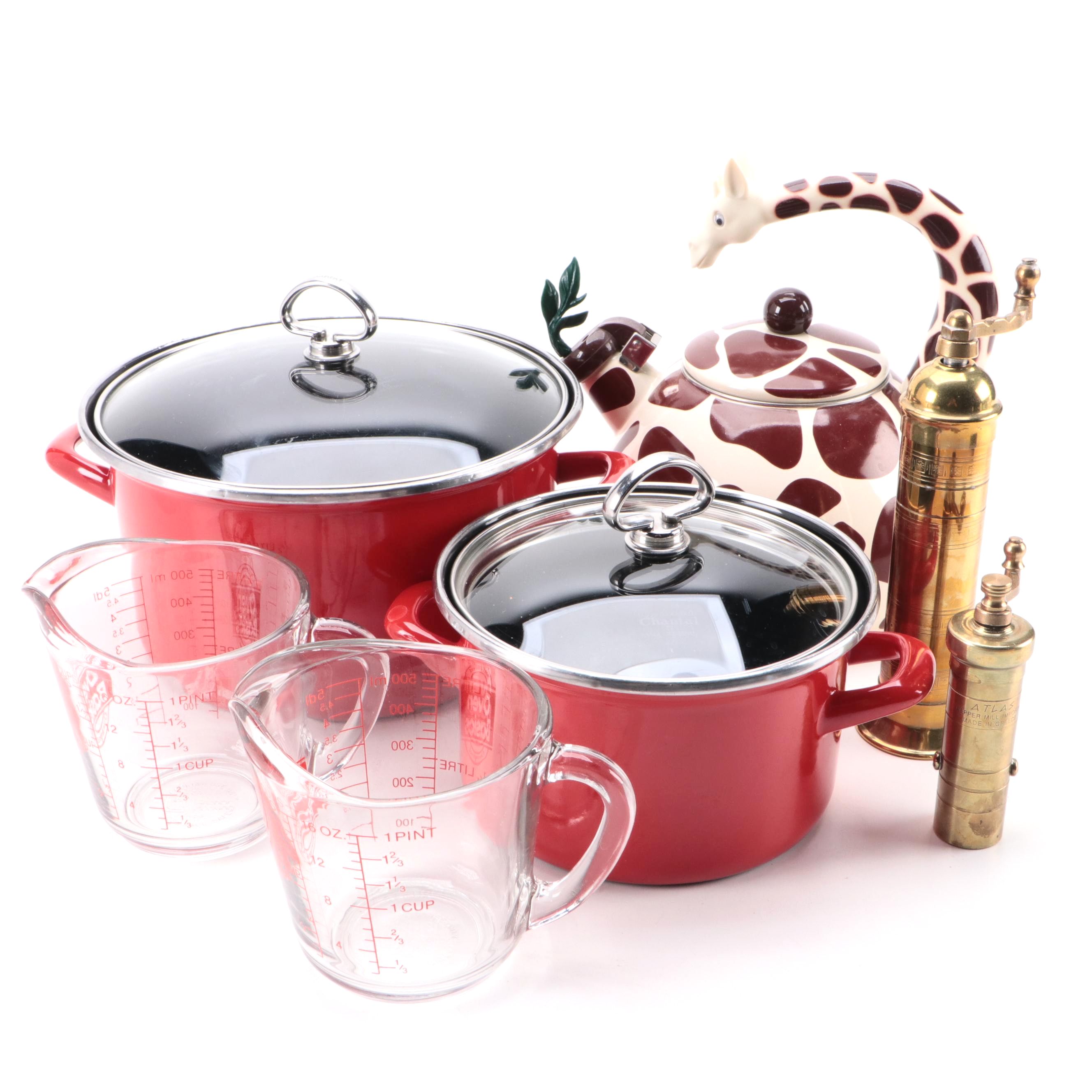 Chantal Enamel Pots with Chased Brass Pepper Mills and Other Cookware