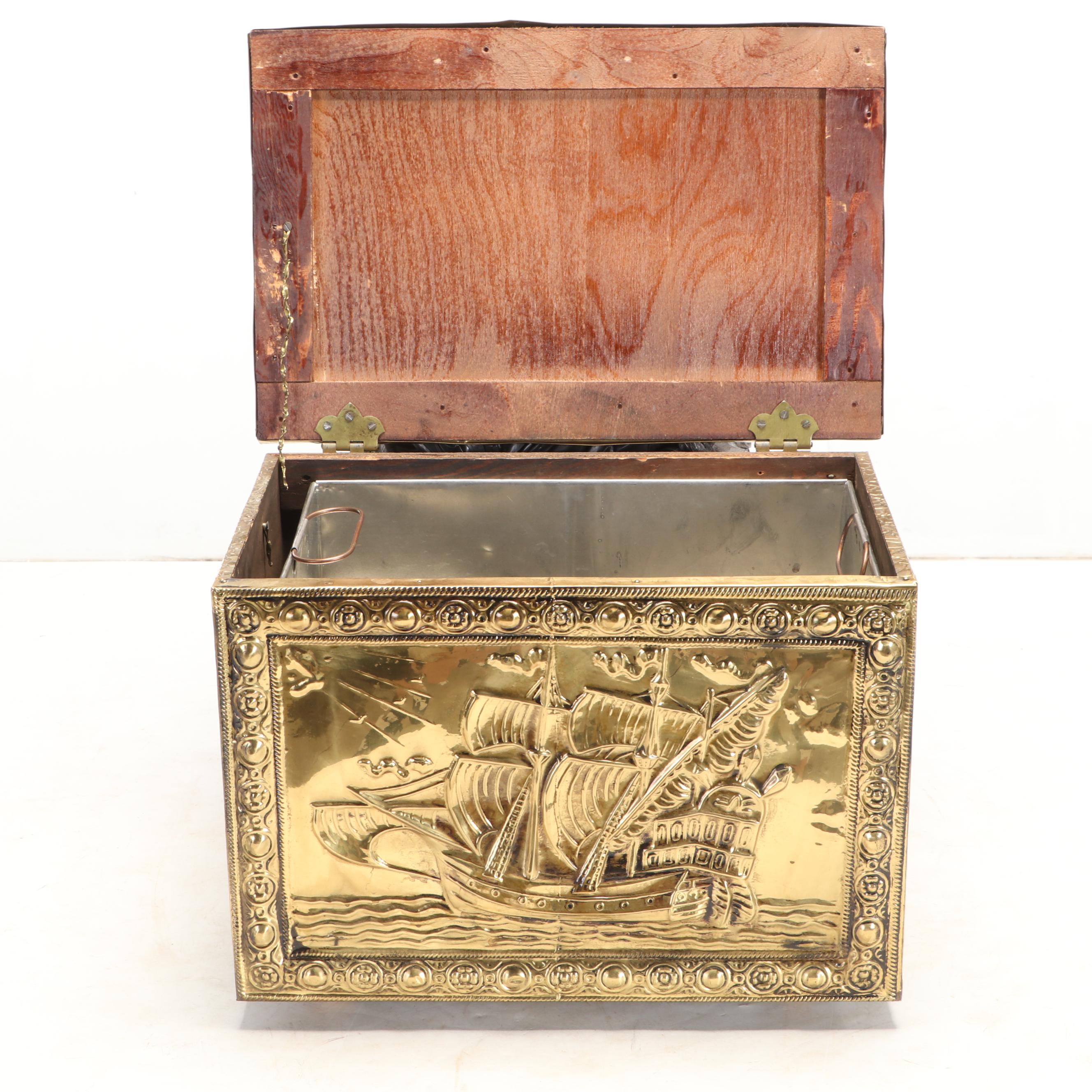 Ship Motif Brass-Clad Kindling Box