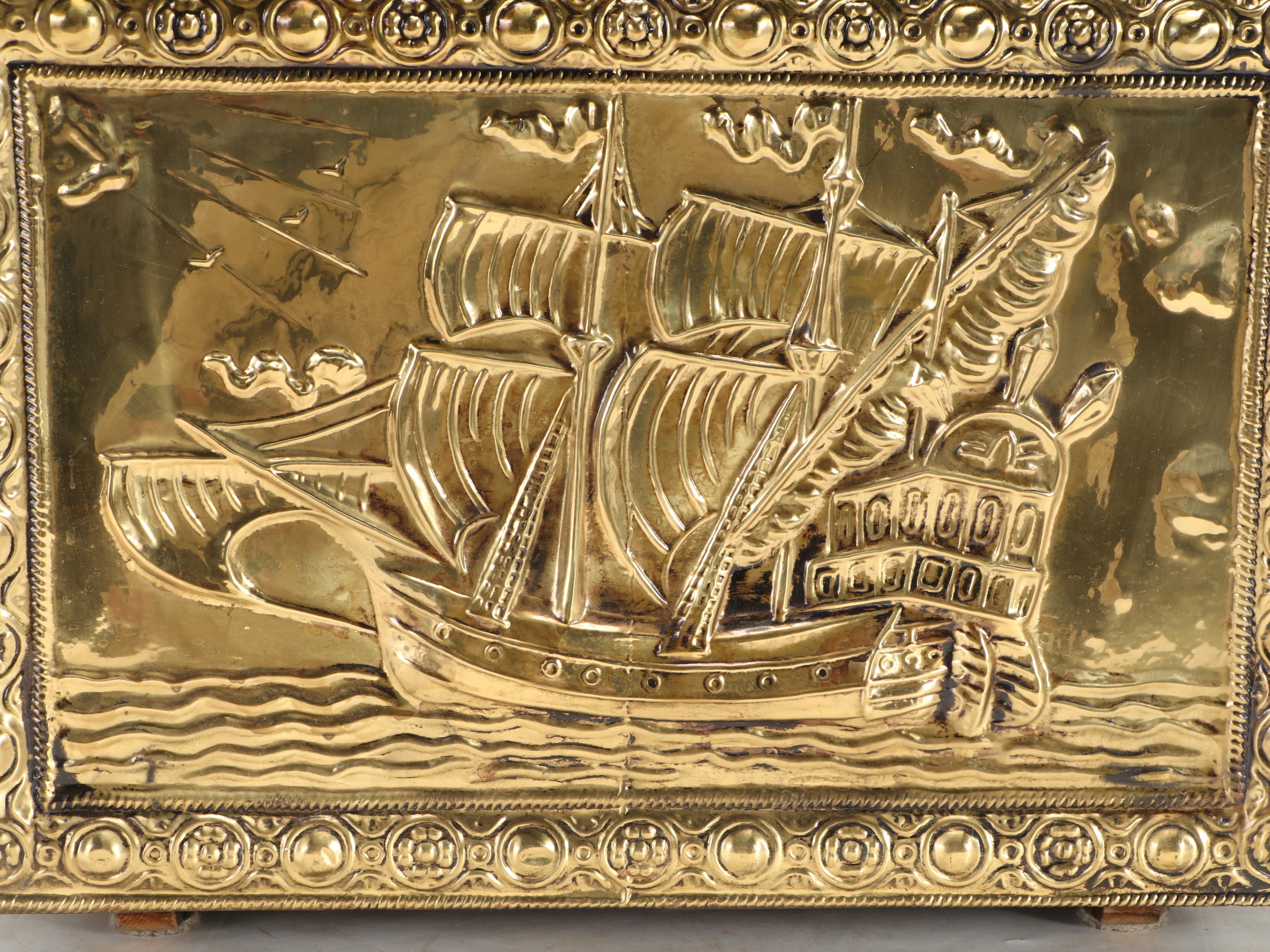 Ship Motif Brass-Clad Kindling Box