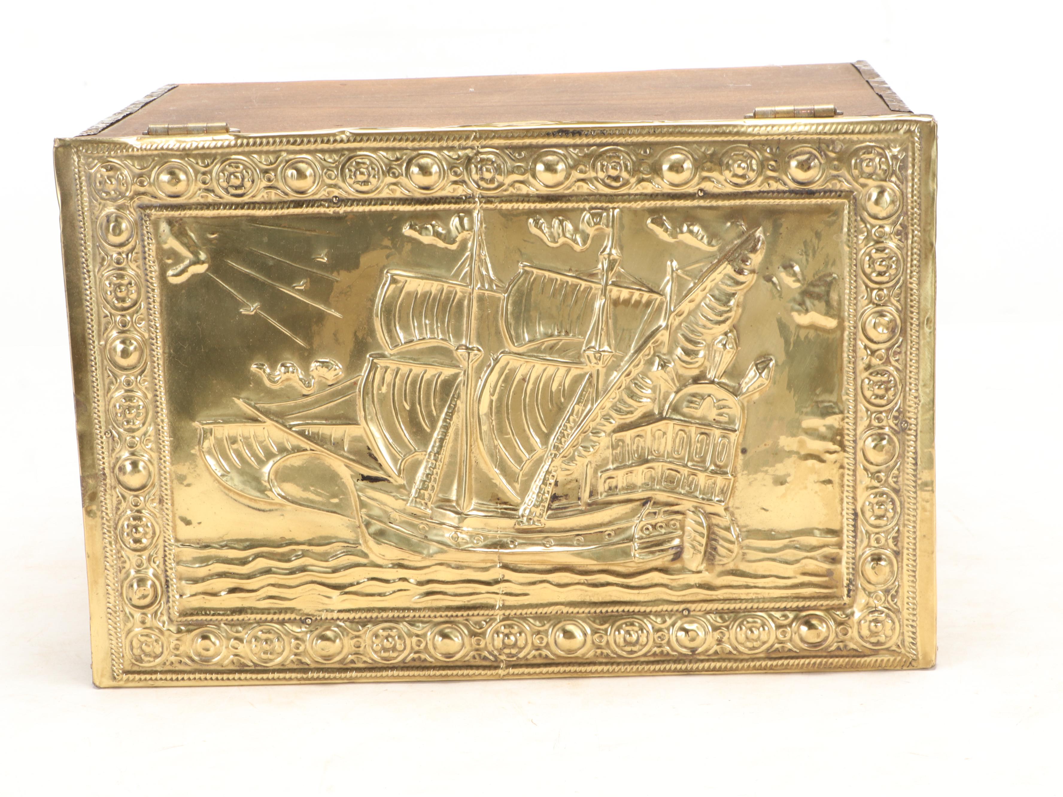 Ship Motif Brass-Clad Kindling Box