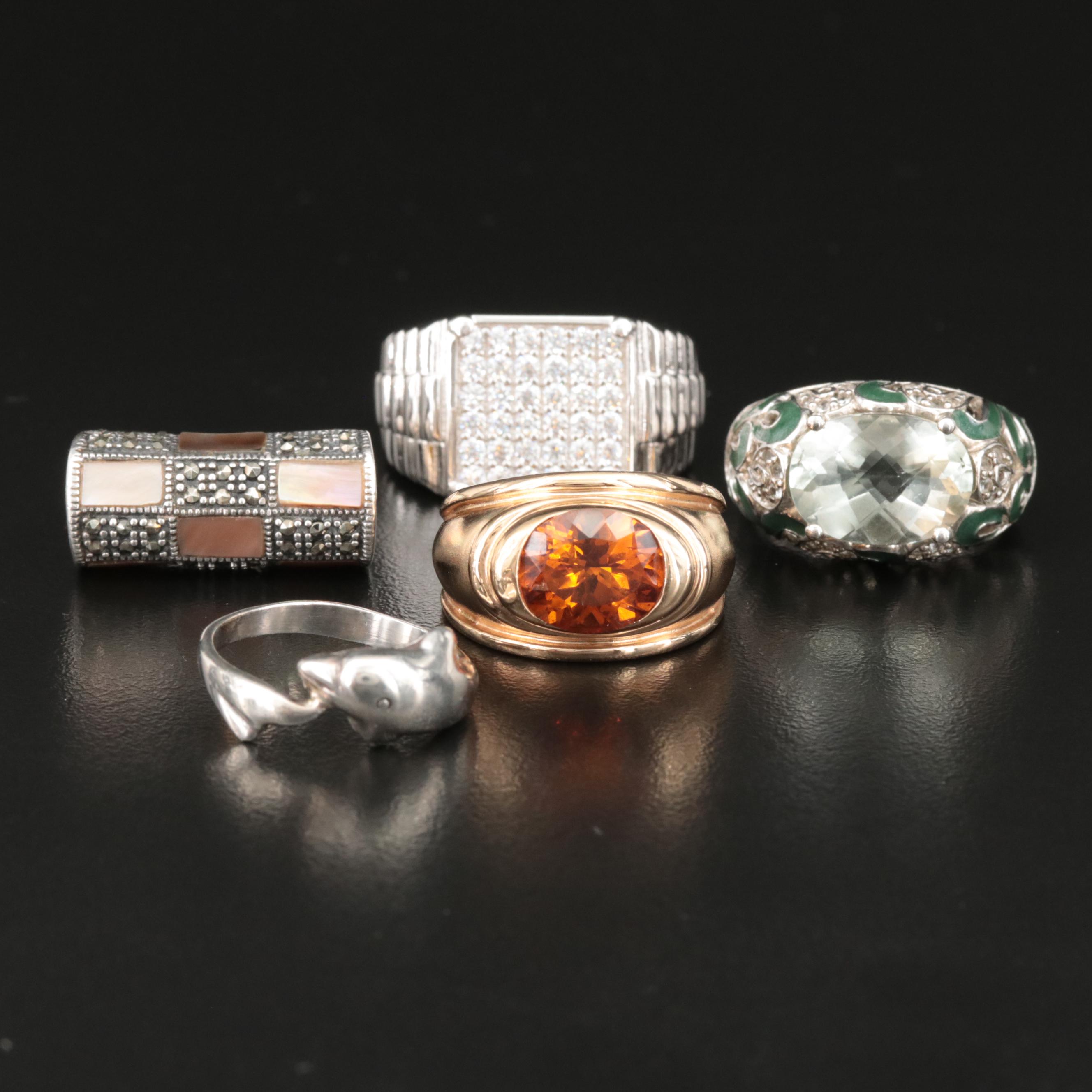Sterling Rings Including Dolphin, Prasiolite, Marcasite and Mother-of-Pearl