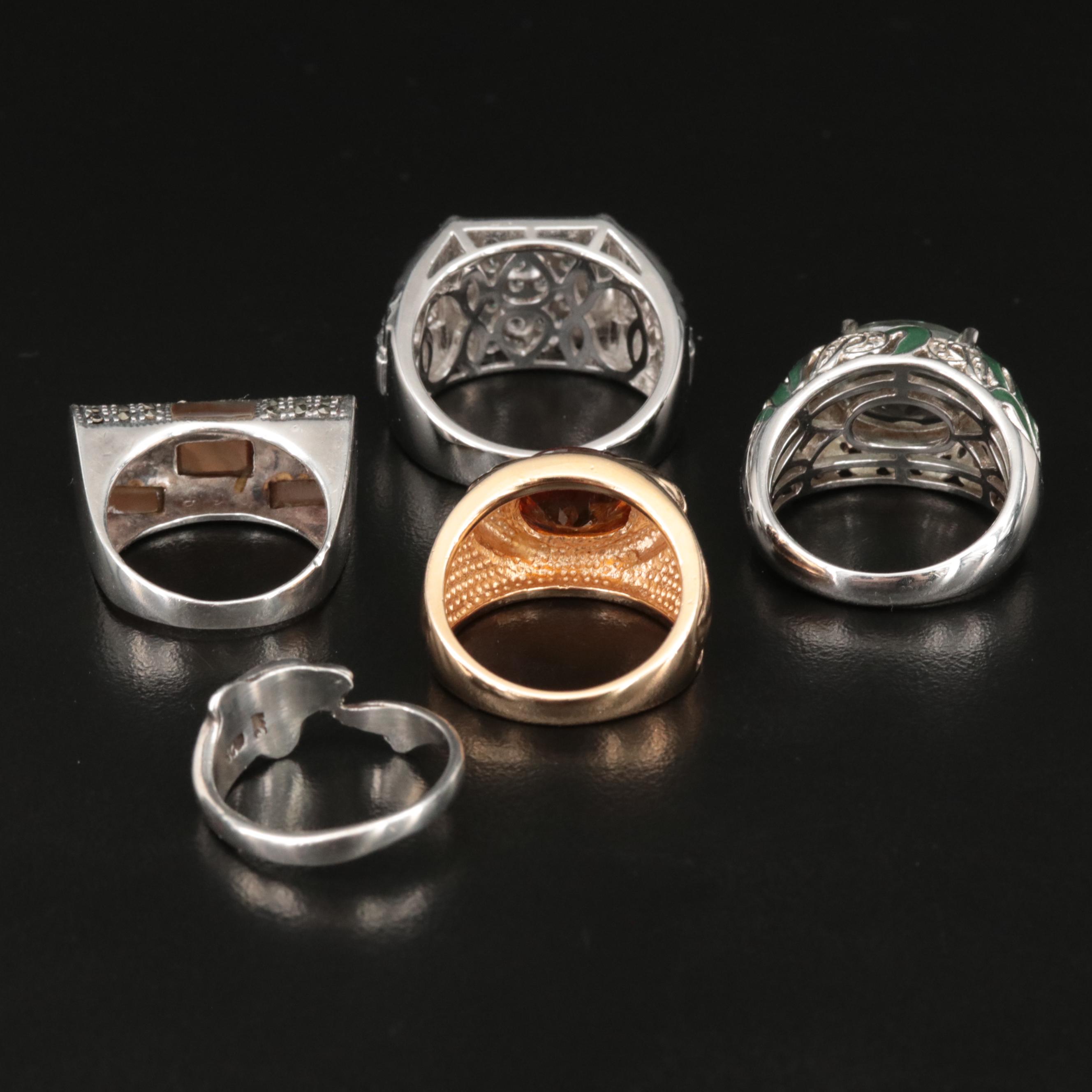Sterling Rings Including Dolphin, Prasiolite, Marcasite and Mother-of-Pearl