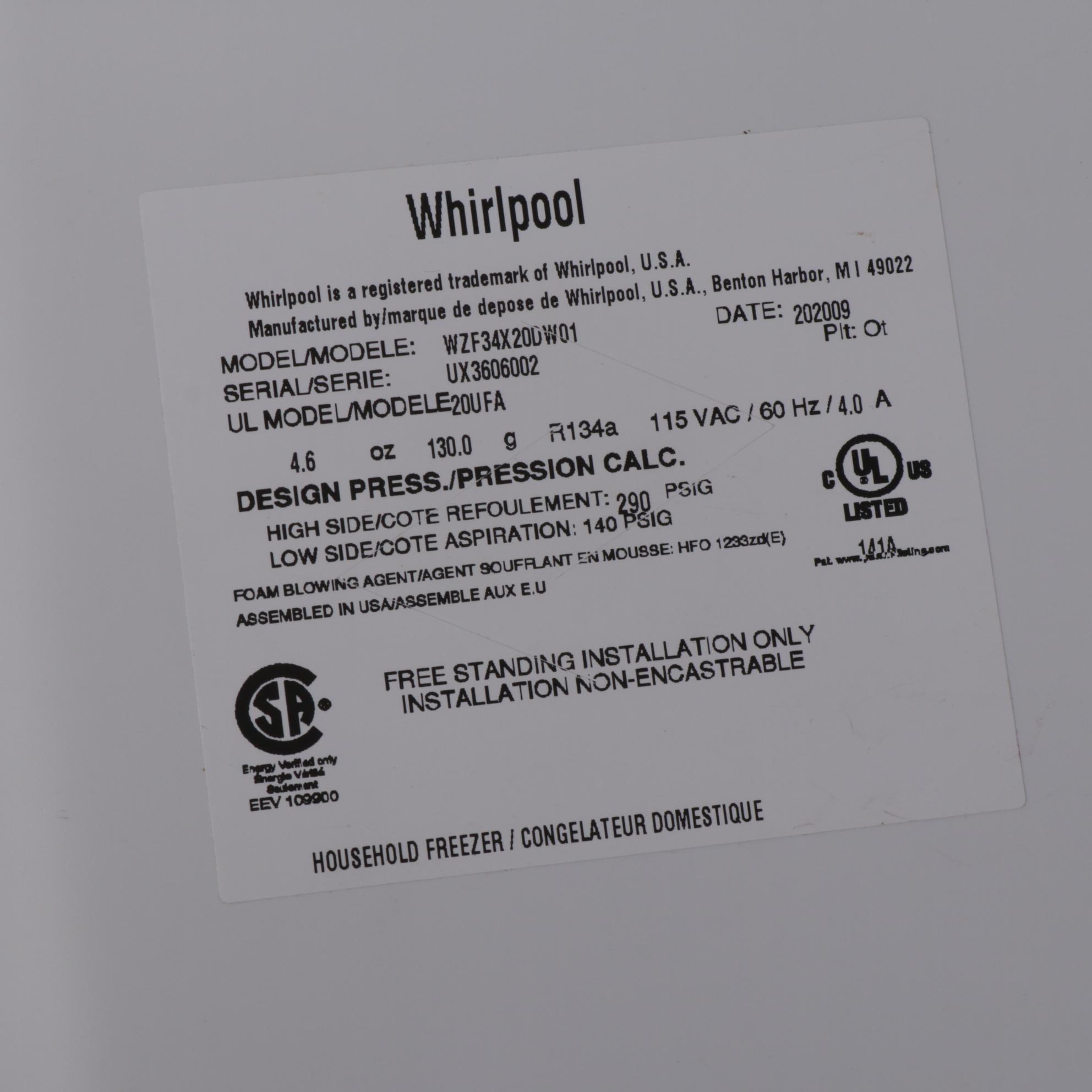 Whirlpool WZF34X20DW01 Upright Chest Freezer