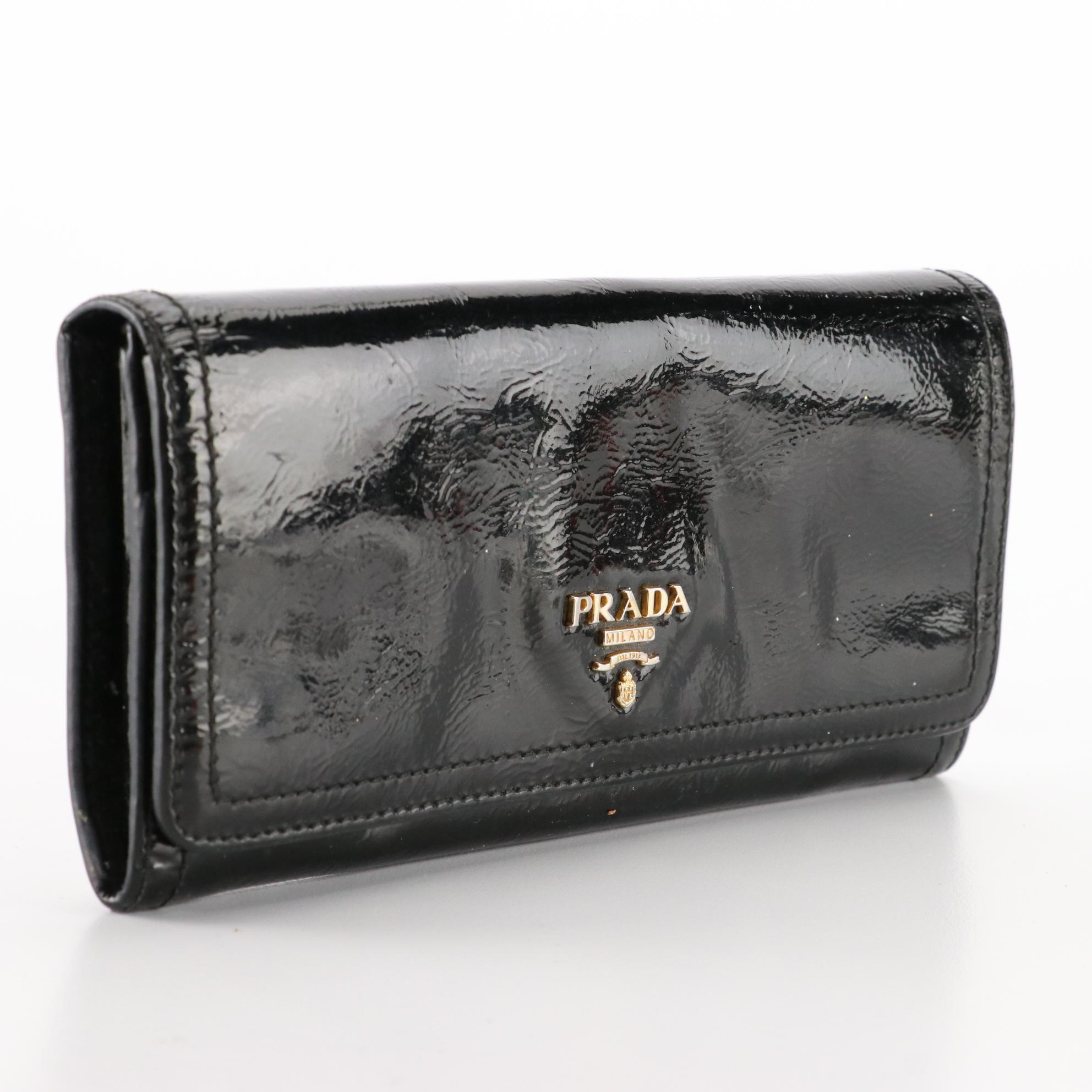 Prada Flap Long Wallet in Black Patent Leather