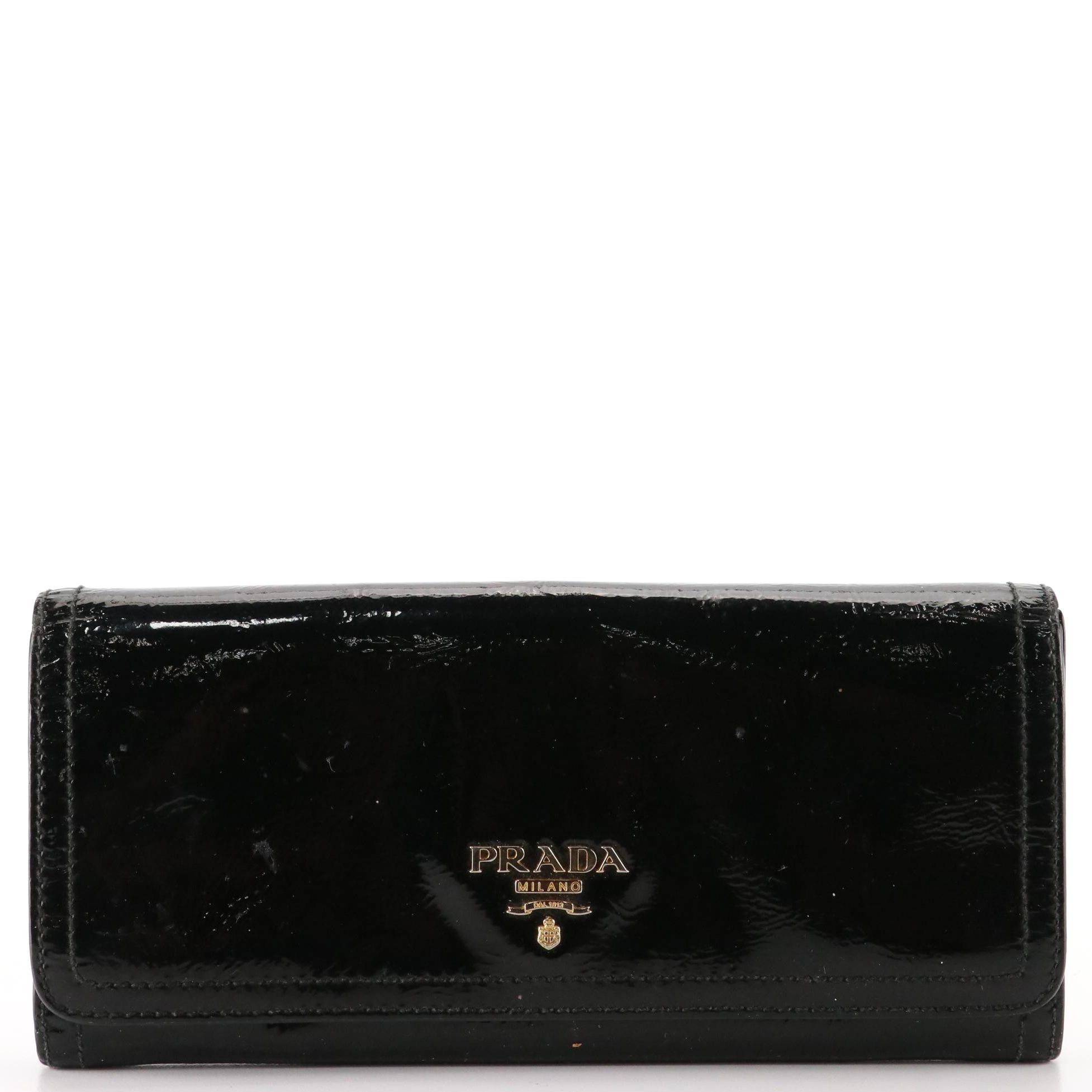 Prada Flap Long Wallet in Black Patent Leather