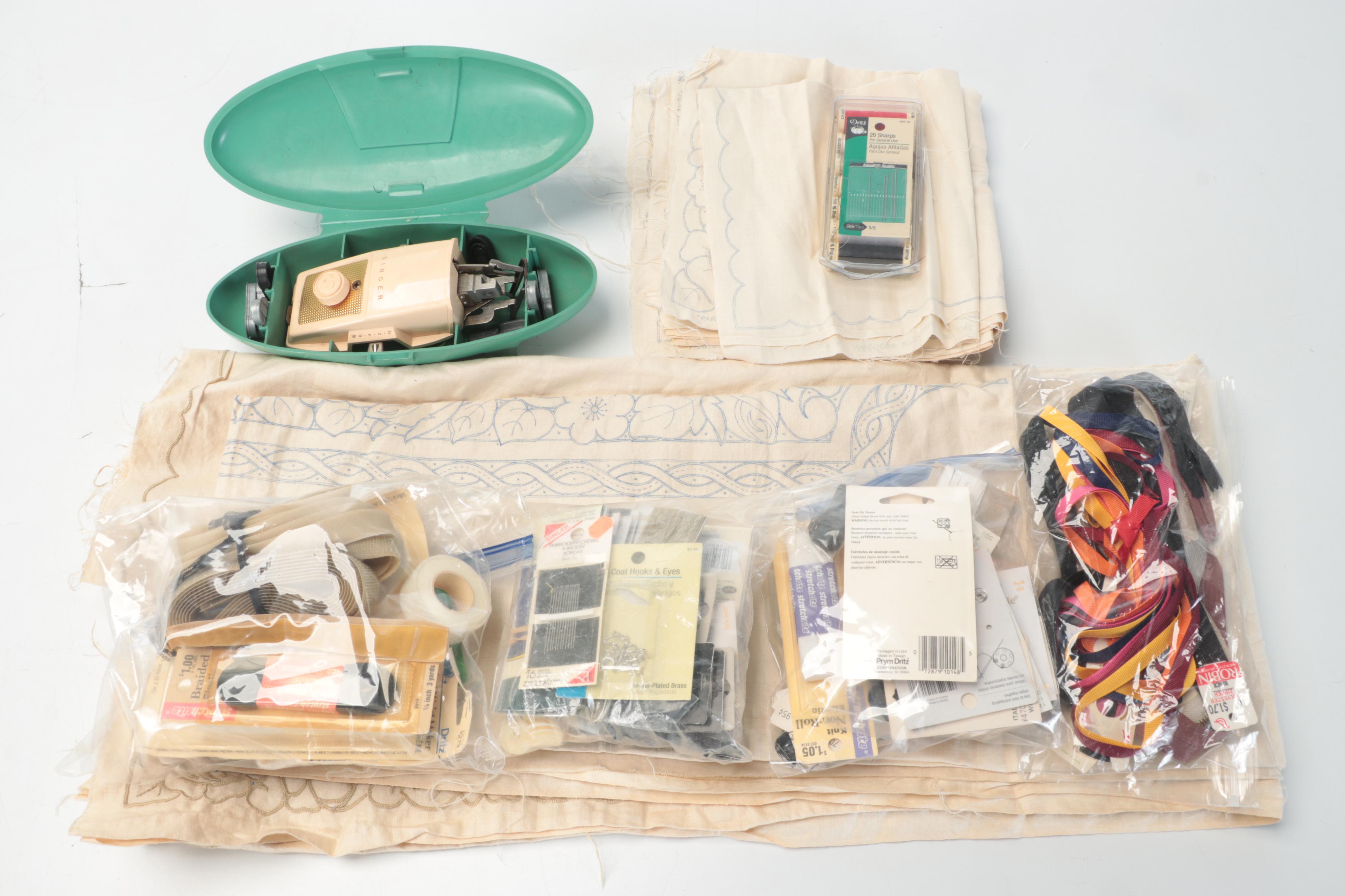 Singer and Brother Sewing Machines With Case, Supplies and Notions