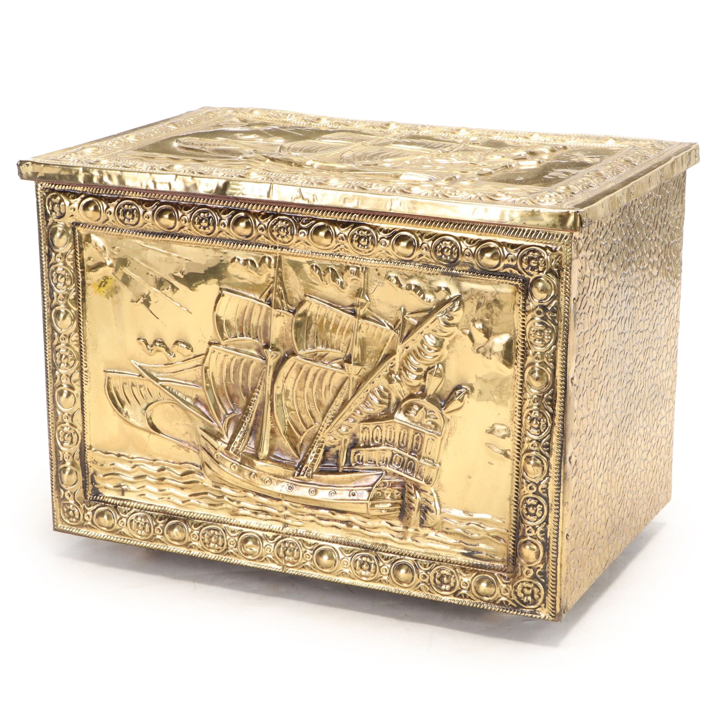 Ship Motif Brass-Clad Kindling Box