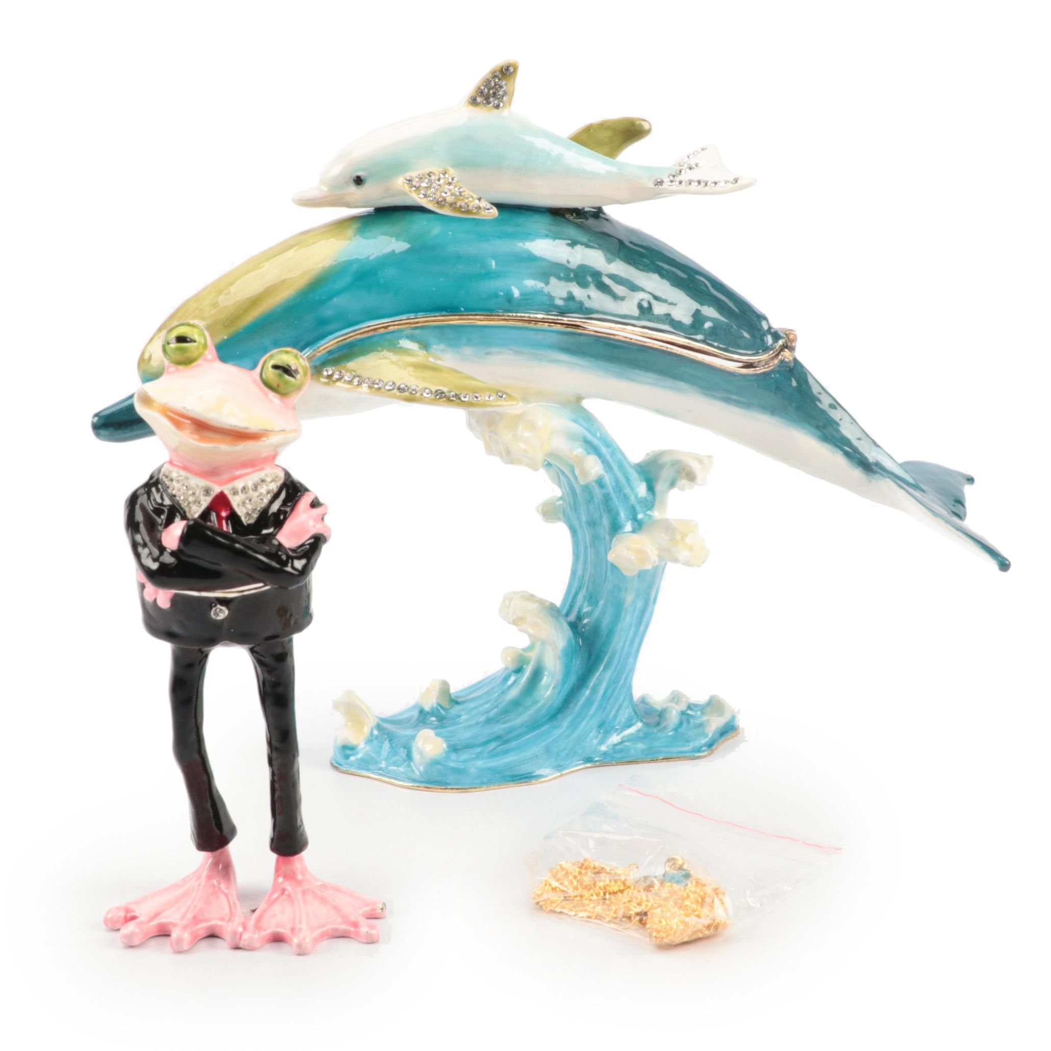Jere Luxury Bejeweled Enameled Dolphin and Frog Trinket Boxes
