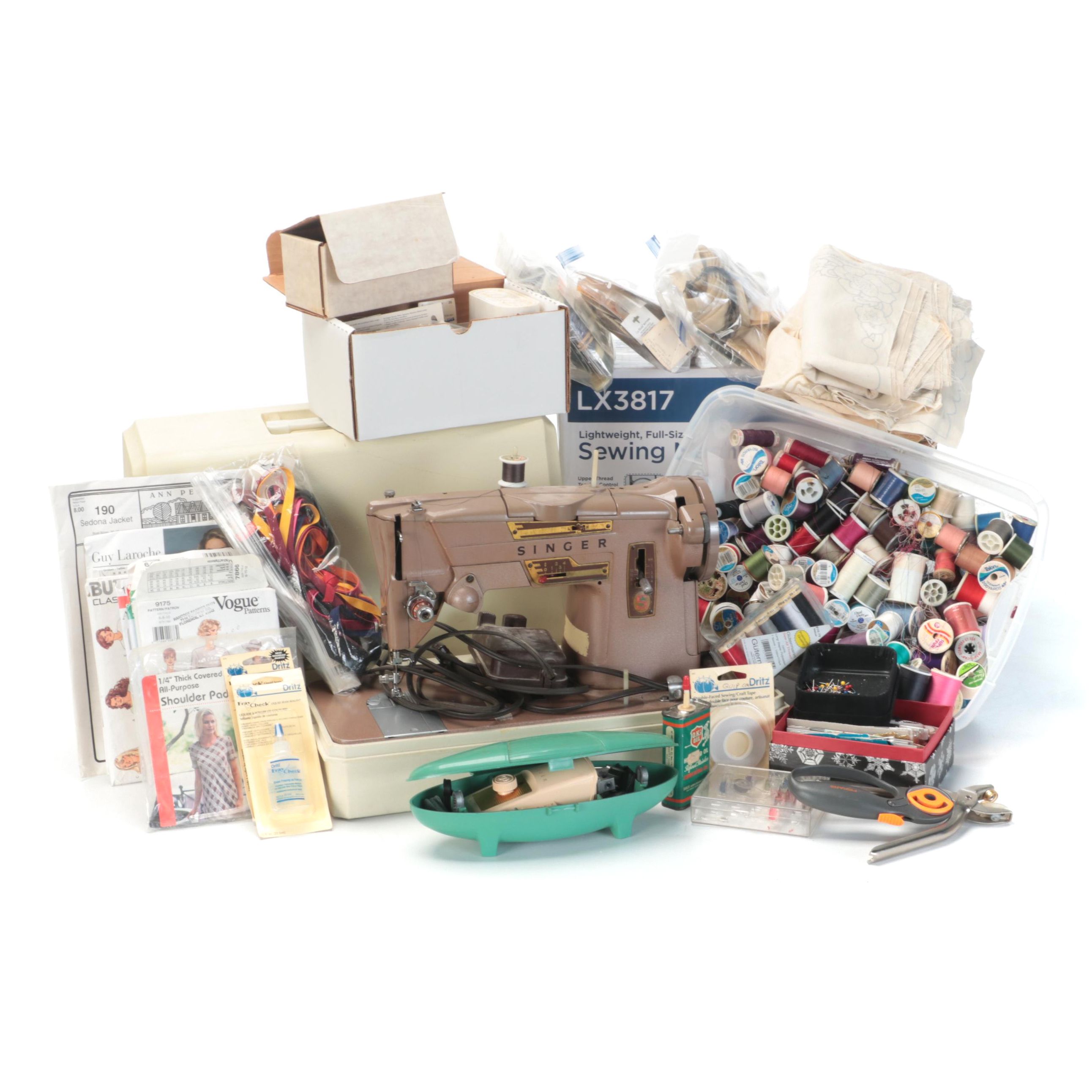 Singer and Brother Sewing Machines With Case, Supplies and Notions