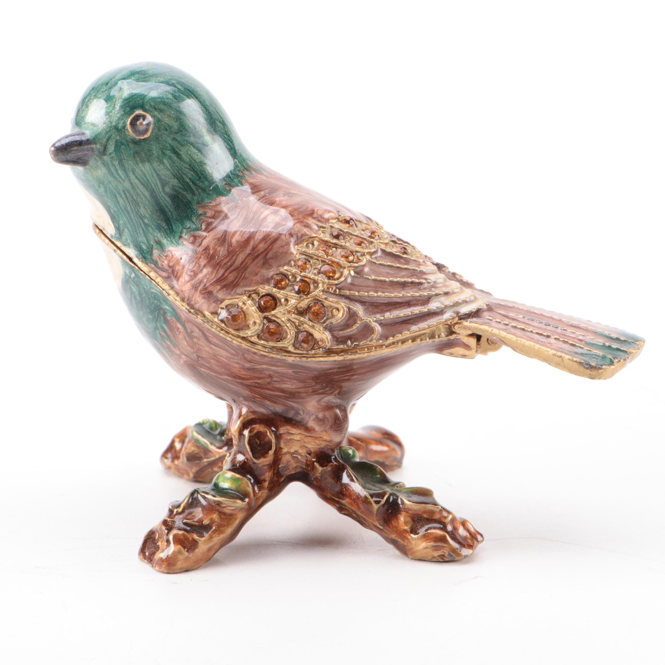 Embellished Enameled Bird Box with Italian Brass Bird Ashtray