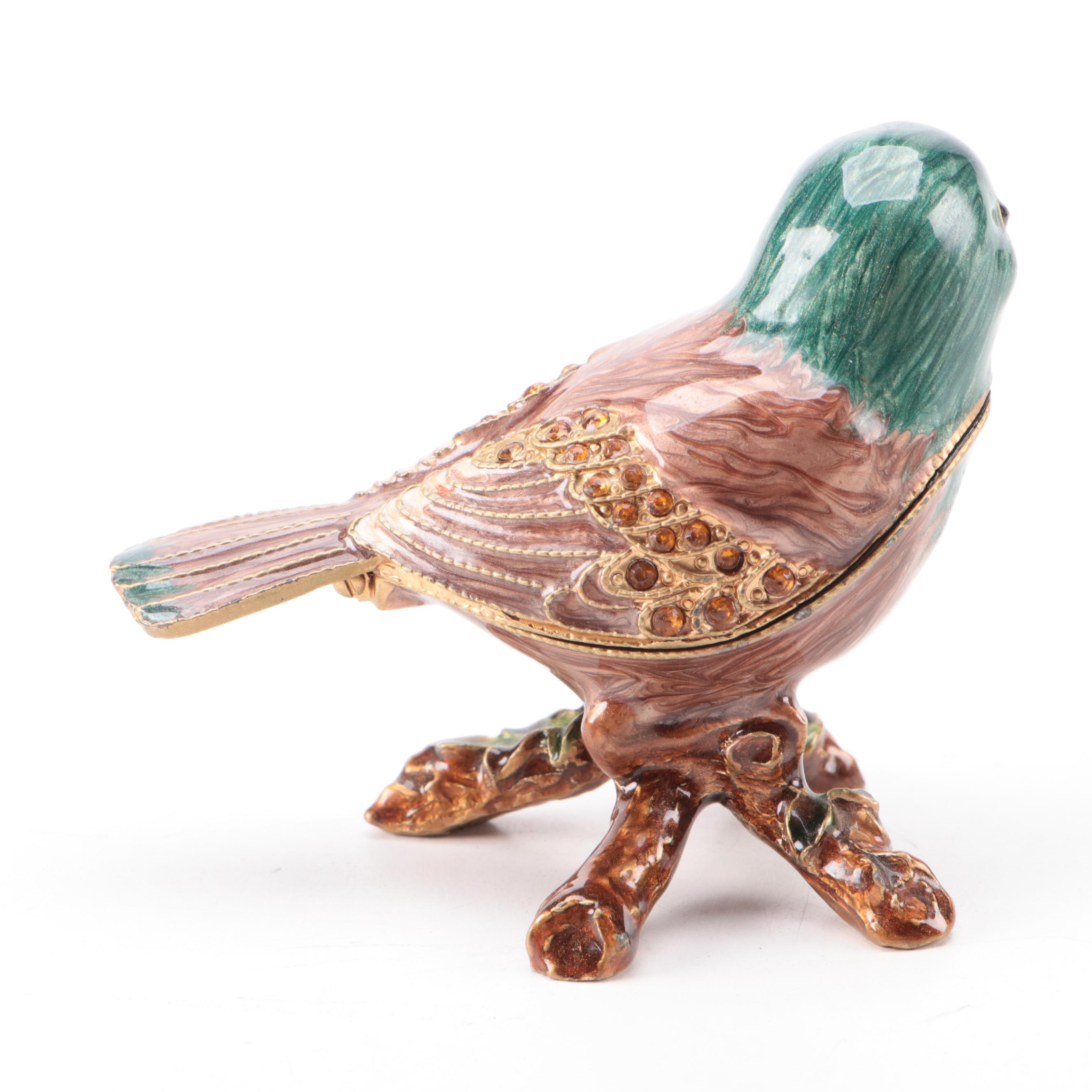 Embellished Enameled Bird Box with Italian Brass Bird Ashtray