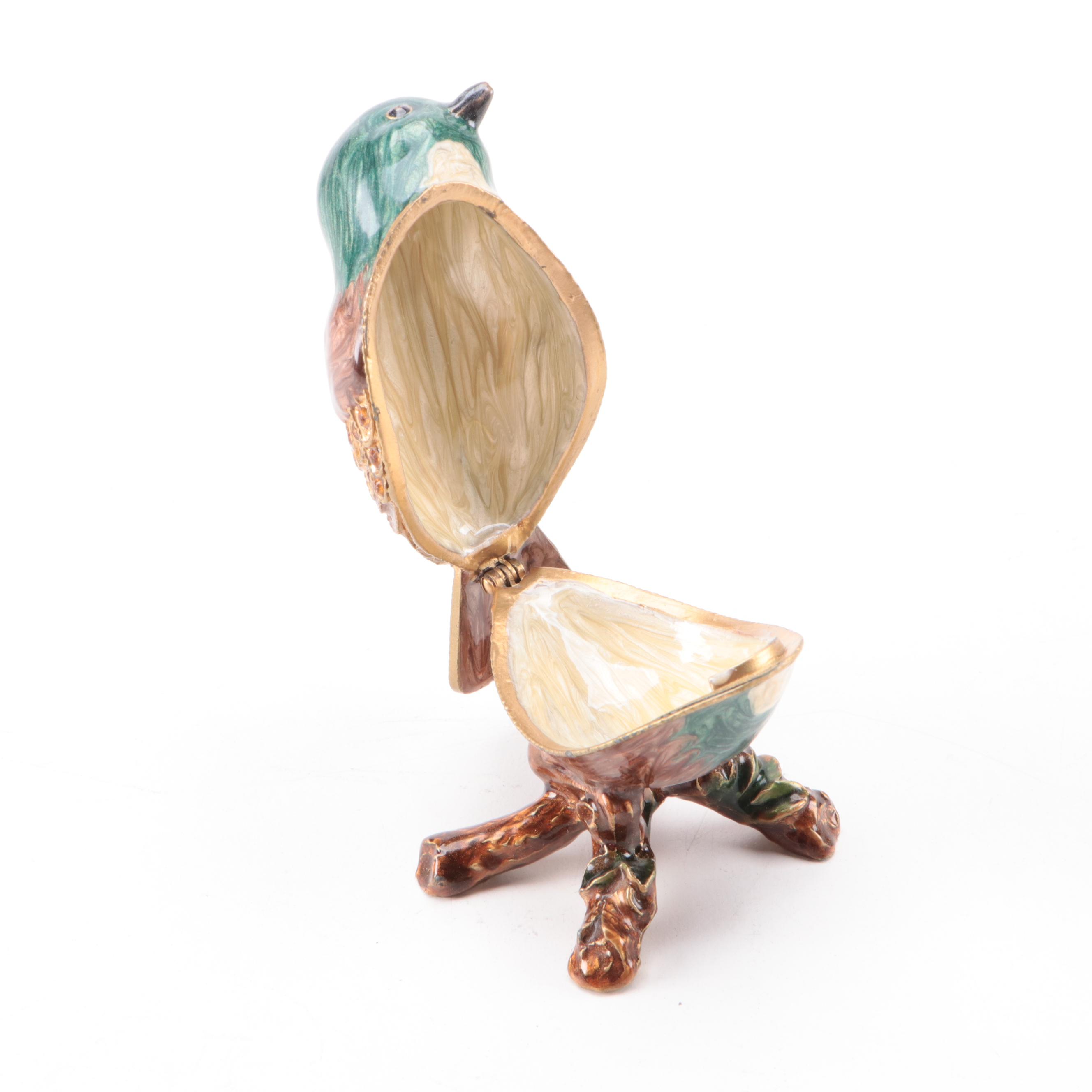 Embellished Enameled Bird Box with Italian Brass Bird Ashtray