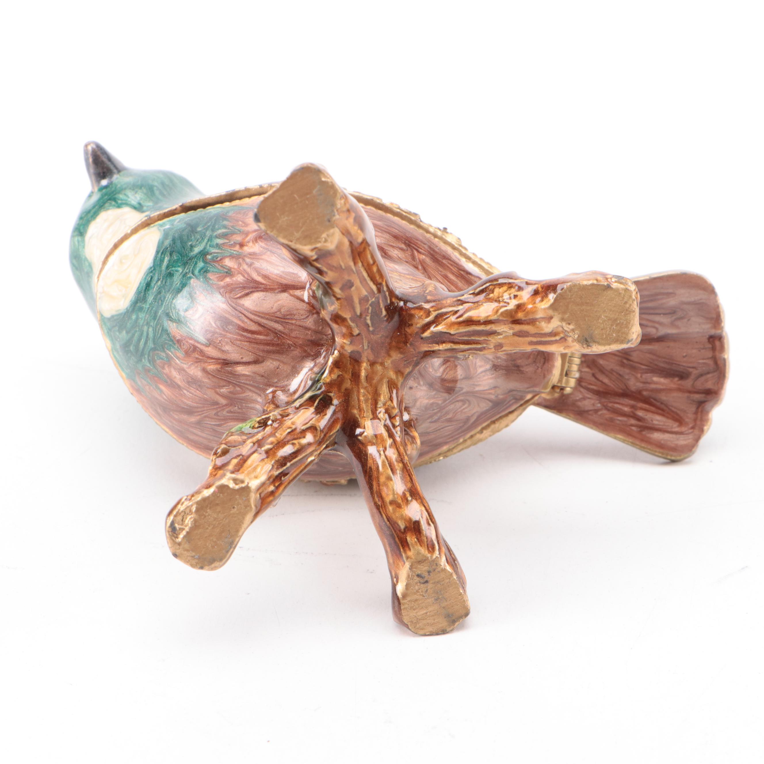 Embellished Enameled Bird Box with Italian Brass Bird Ashtray