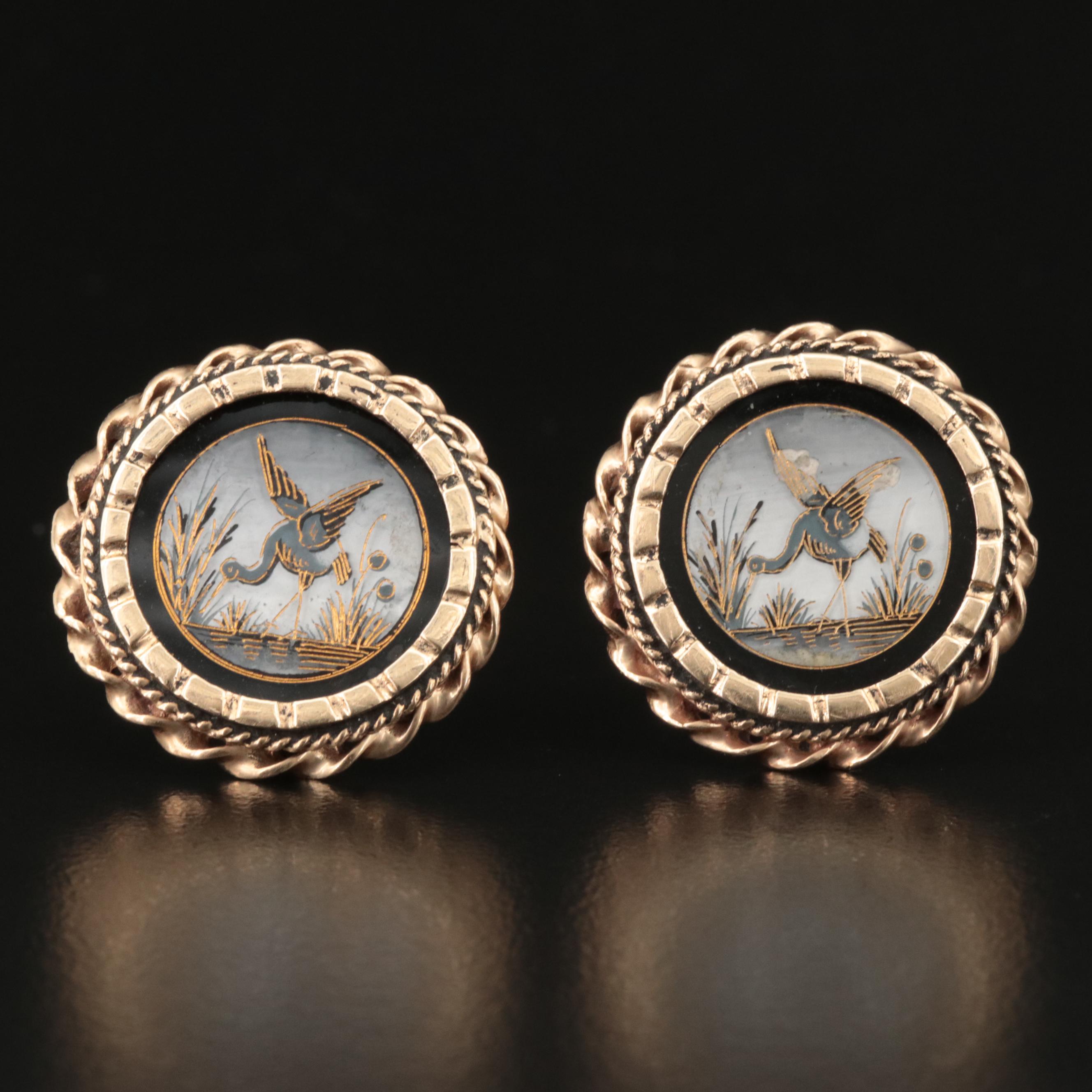Vintage 14K Reverse Painted Porcelain Crane Cufflinks