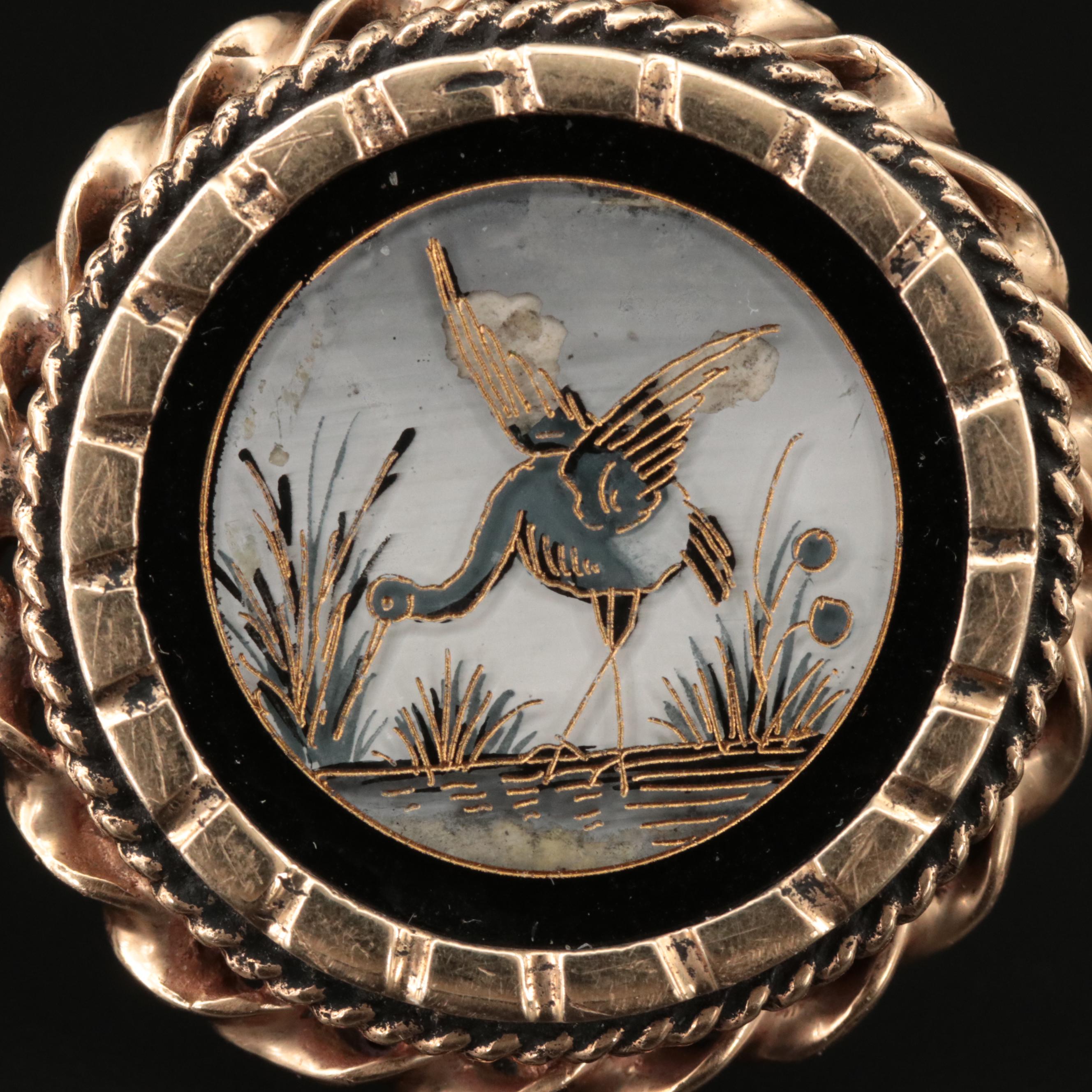 Vintage 14K Reverse Painted Porcelain Crane Cufflinks