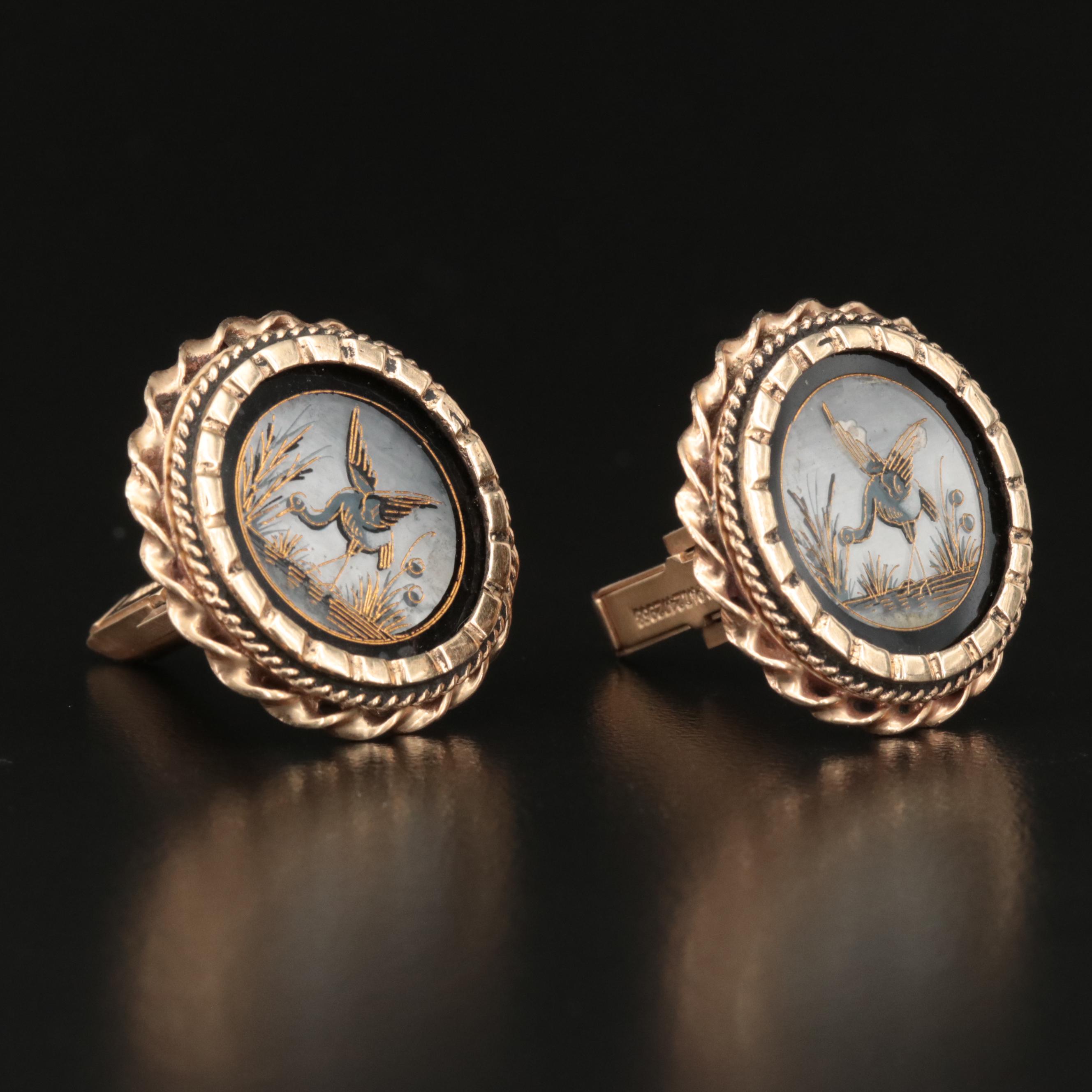 Vintage 14K Reverse Painted Porcelain Crane Cufflinks