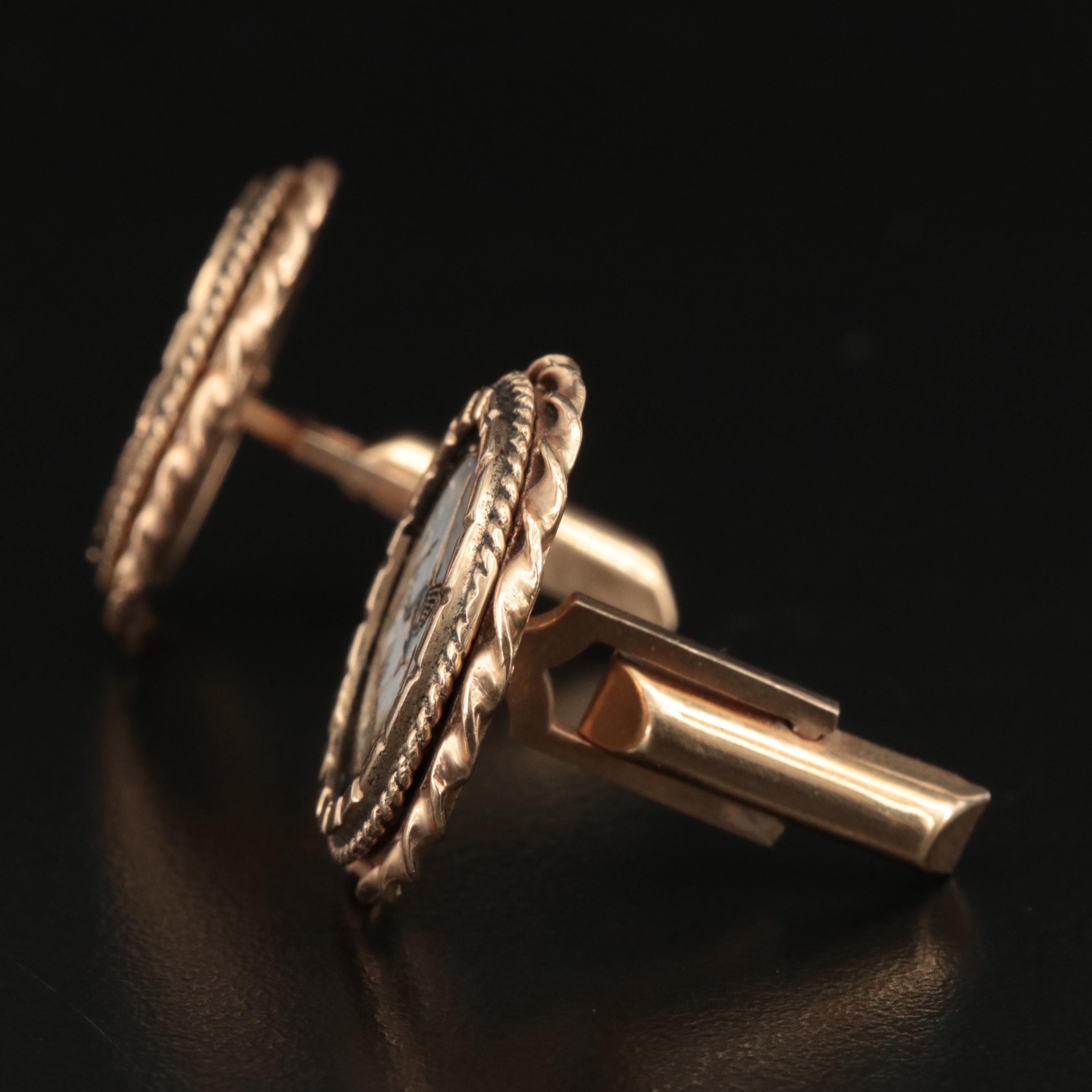 Vintage 14K Reverse Painted Porcelain Crane Cufflinks