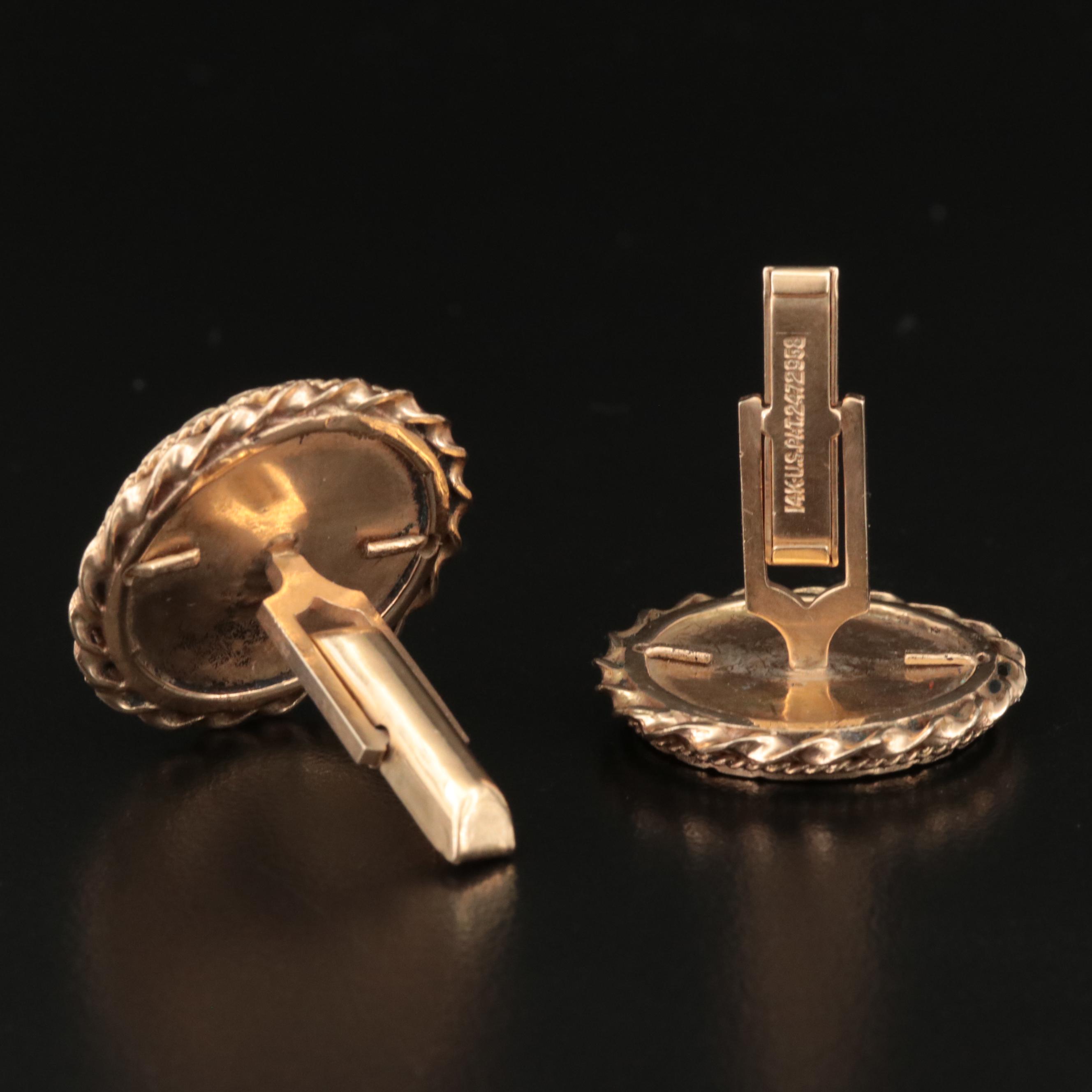 Vintage 14K Reverse Painted Porcelain Crane Cufflinks