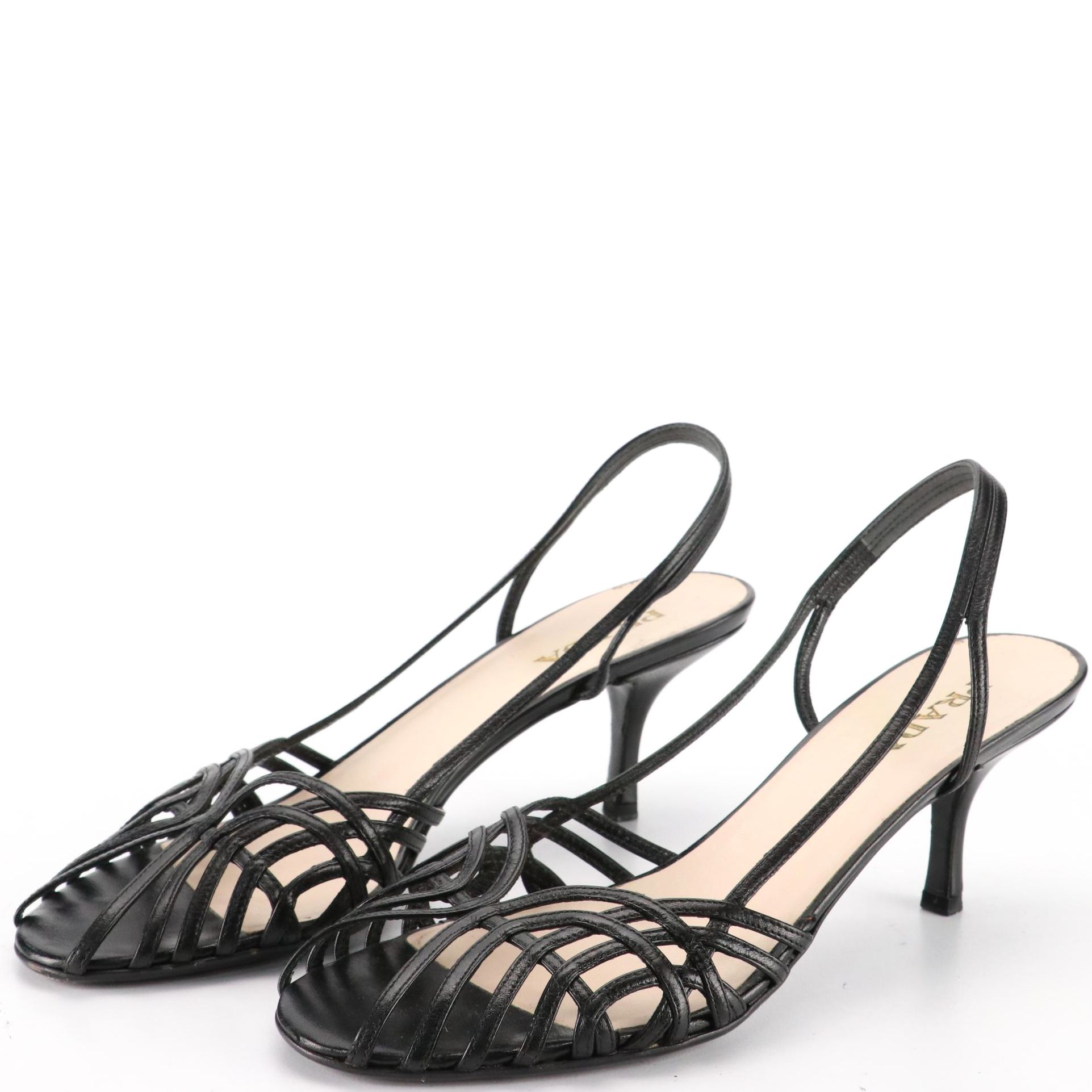 Prada Peep Toe Slingbacks in Black Leather