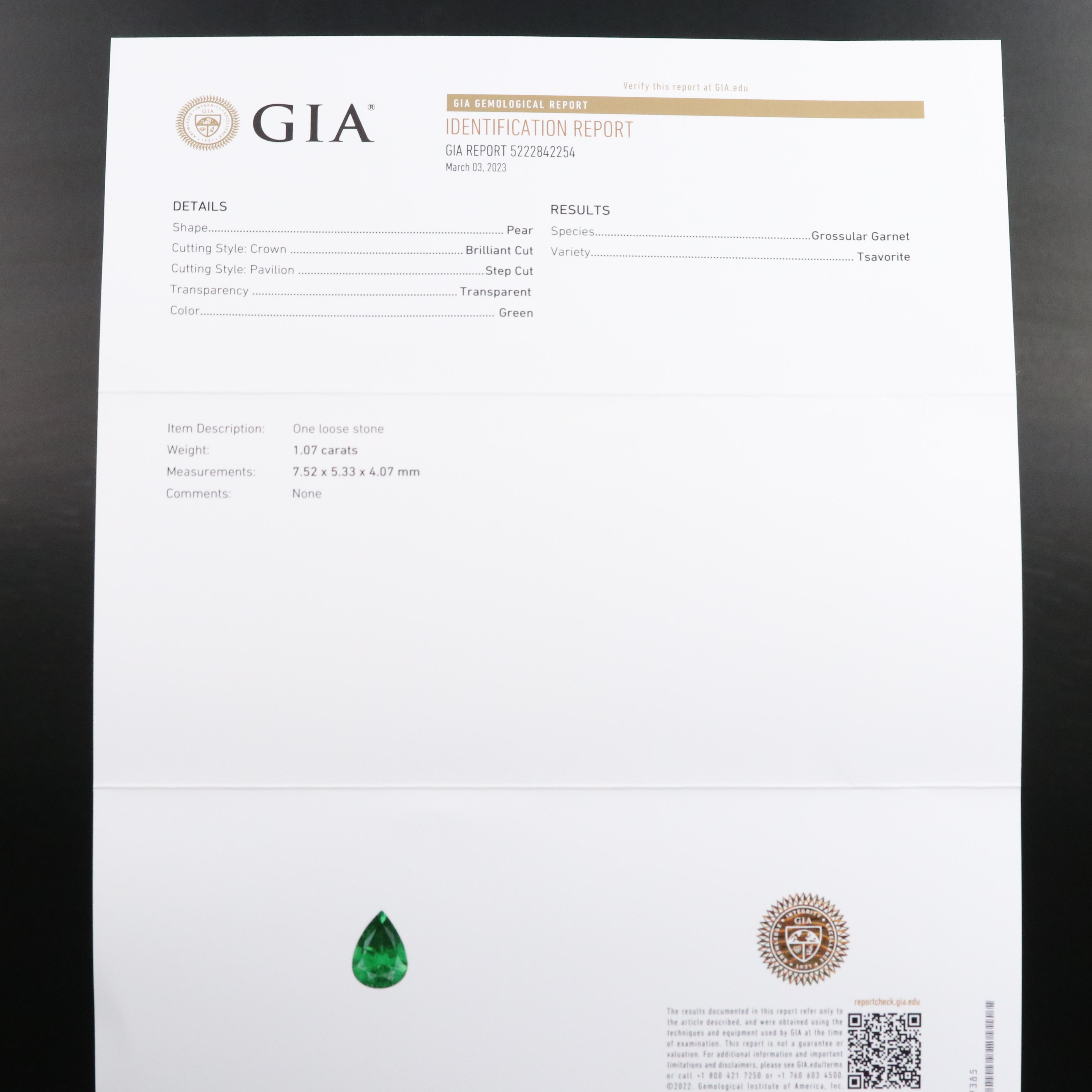 Loose 1.07 CT Tsavorite with GIA Report