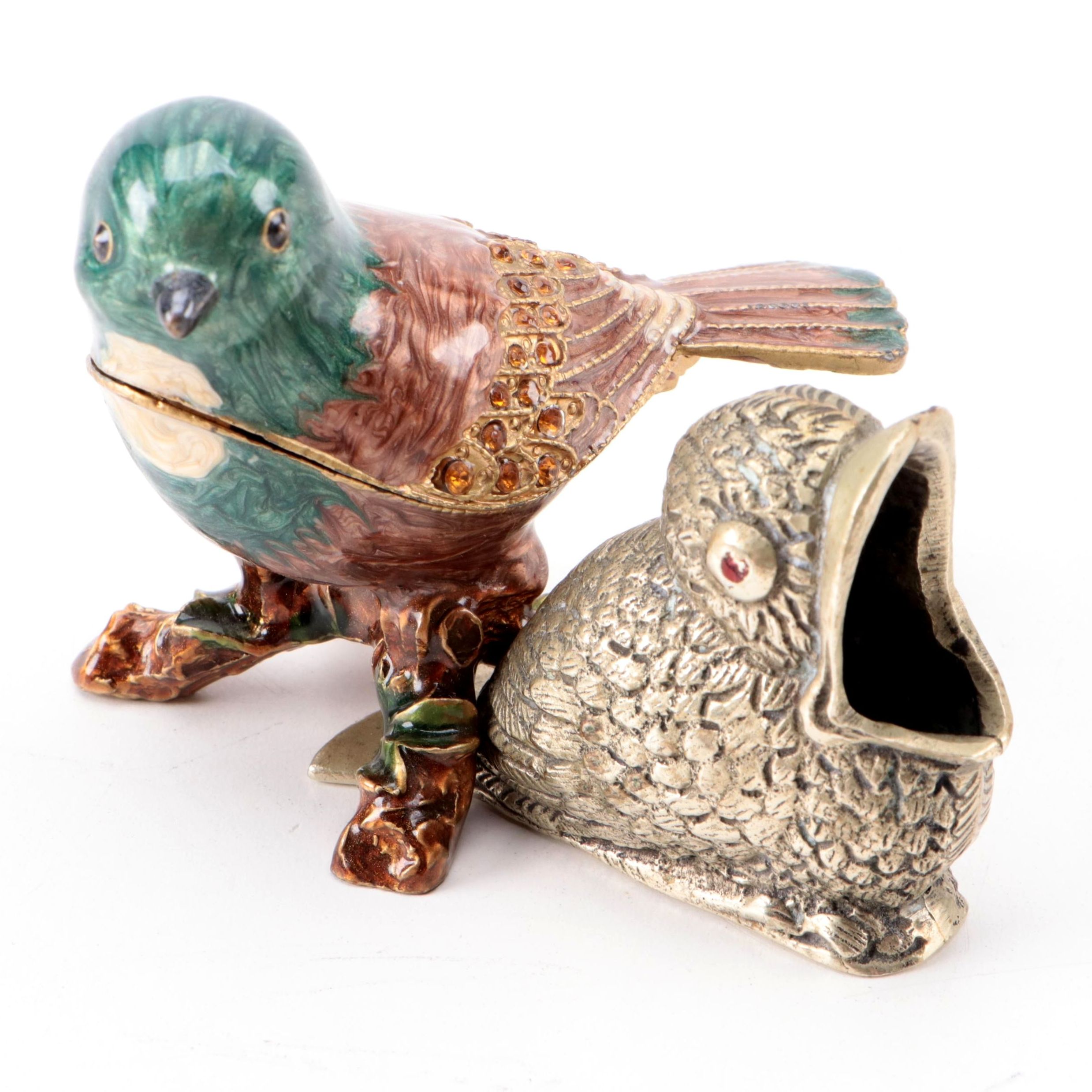 Embellished Enameled Bird Box with Italian Brass Bird Ashtray