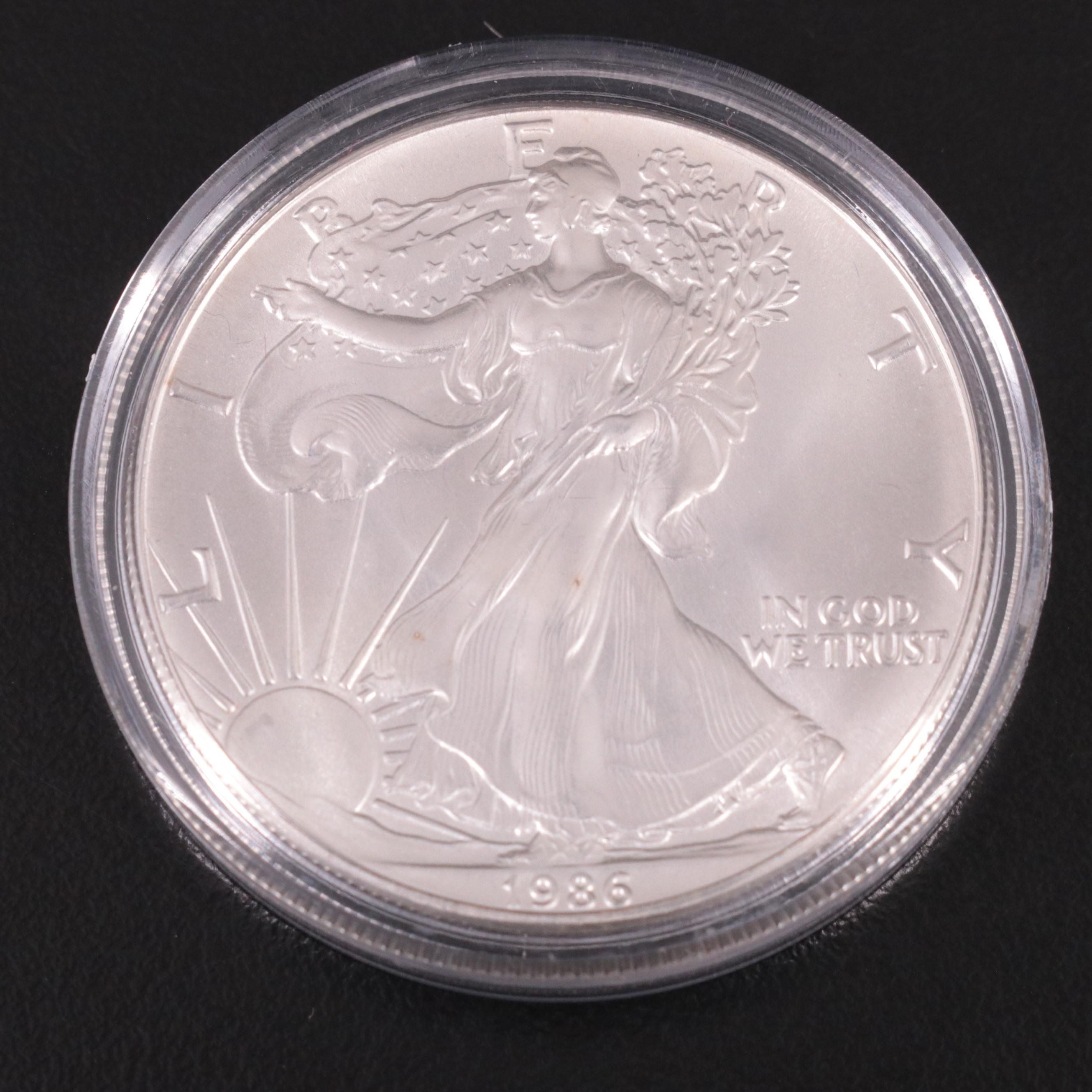 Five American Silver Eagle Bullion Coins Including 1986
