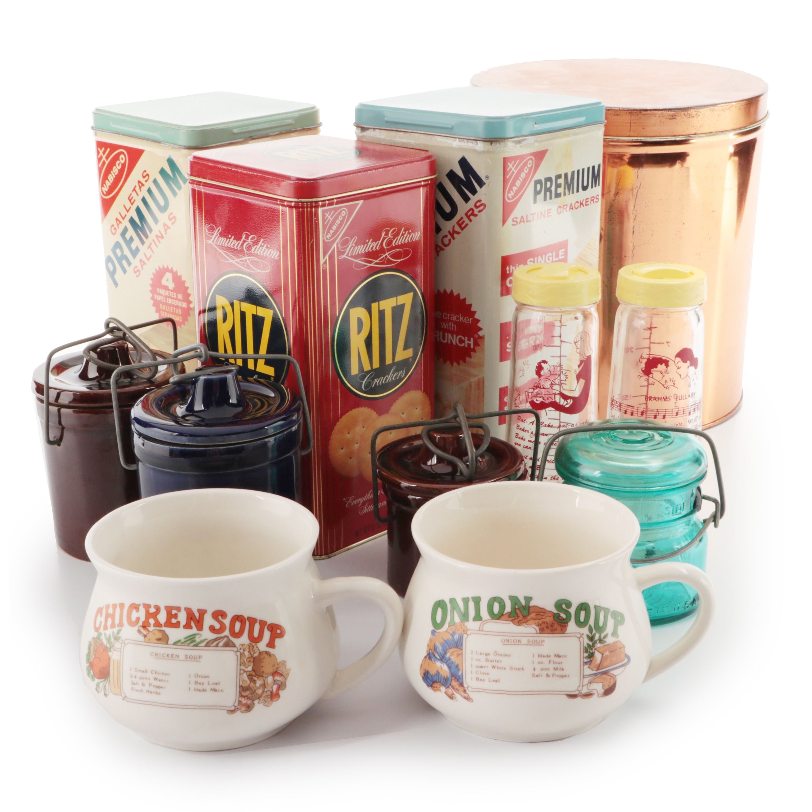 Ritz Cracker Tin with Hygeia Screw Top Bottles, Soup Mugs, and More