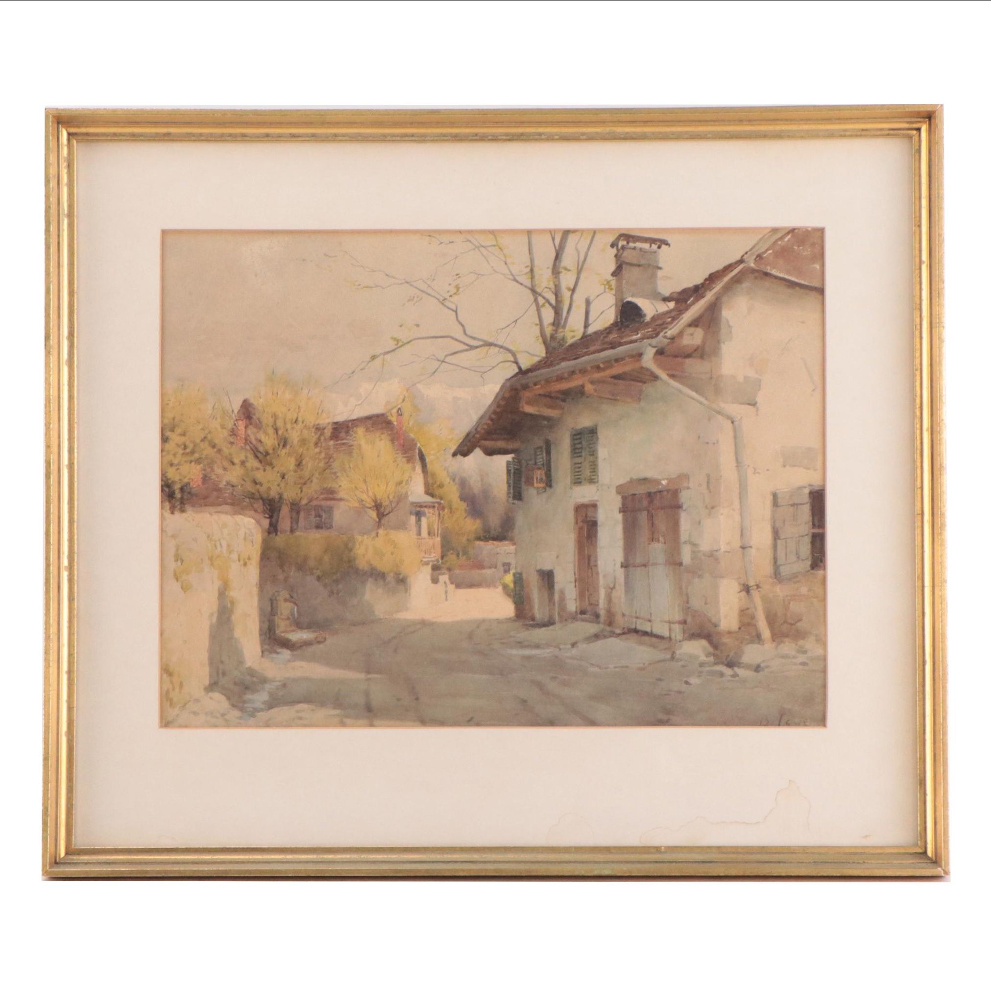 Watercolor Painting of a Street Scene, Early 20th Century