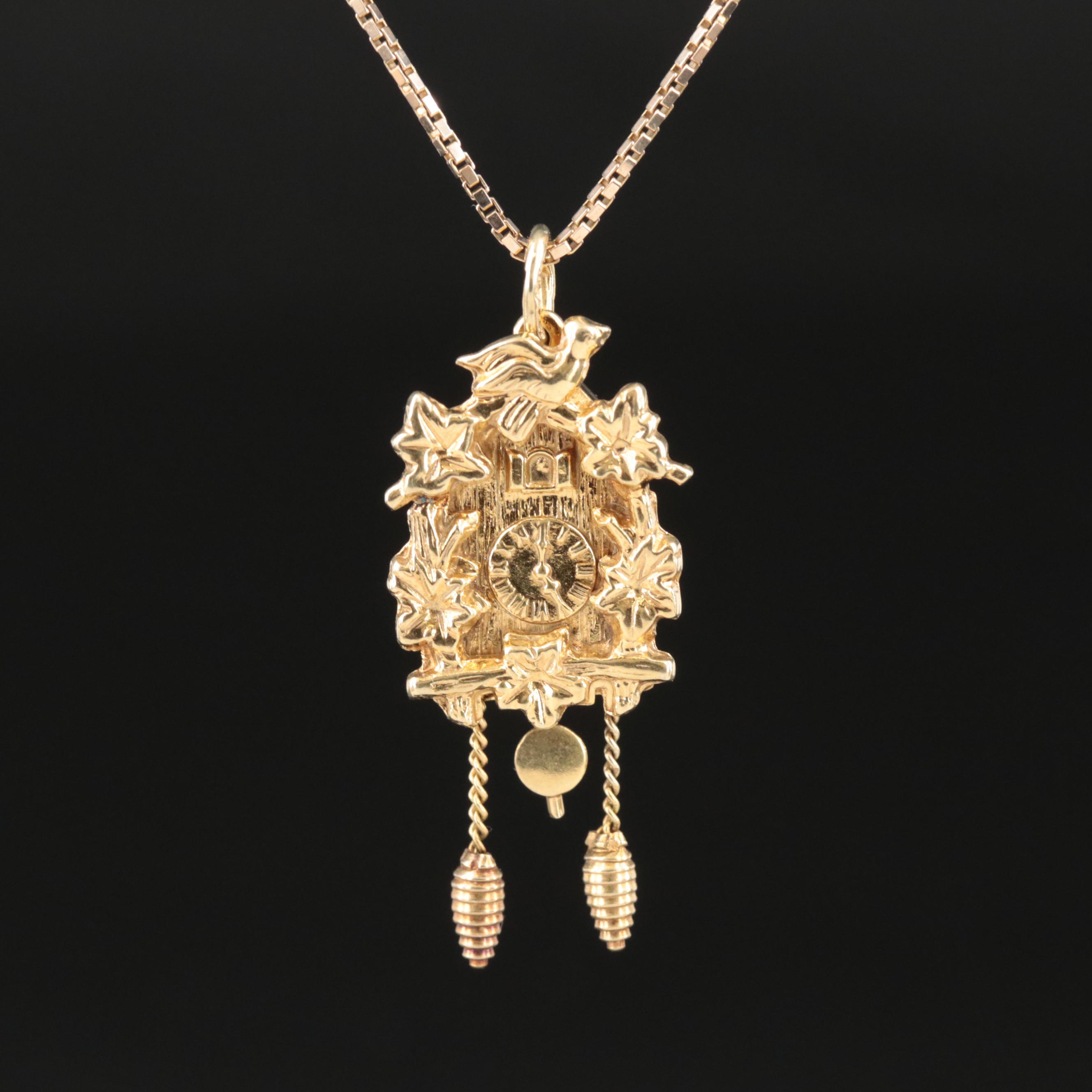 14K Articulated Cuckoo Clock Pendant Necklace