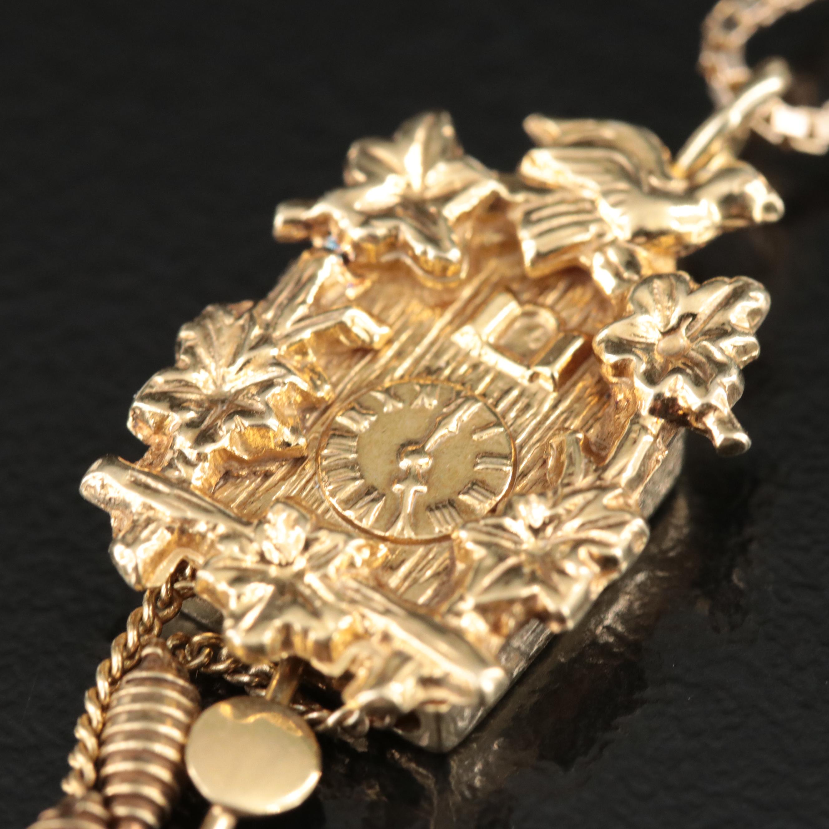 14K Articulated Cuckoo Clock Pendant Necklace