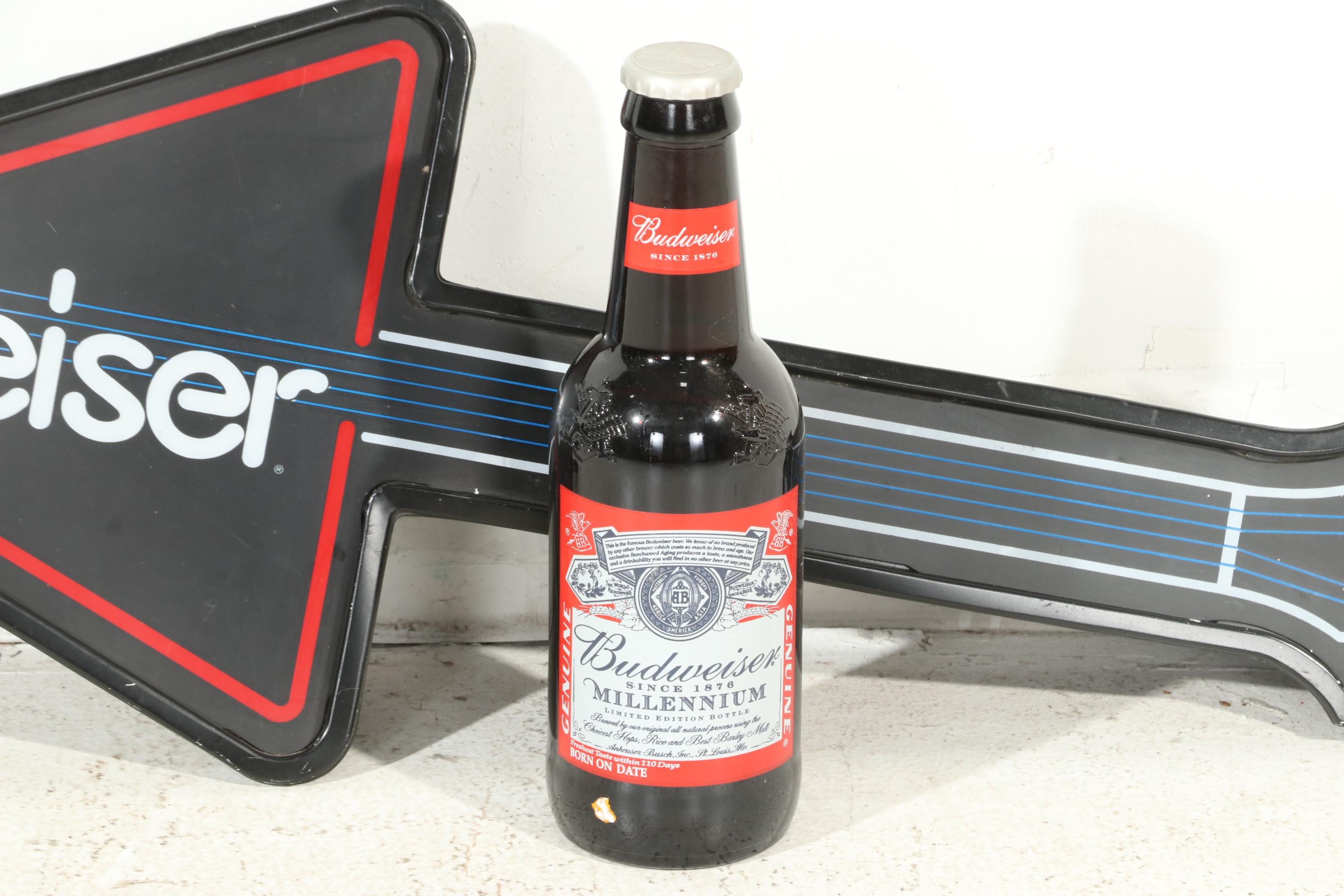 Budweiser Illuminated Beer Sign and Millennium Edition Bottle, Late 20th Century