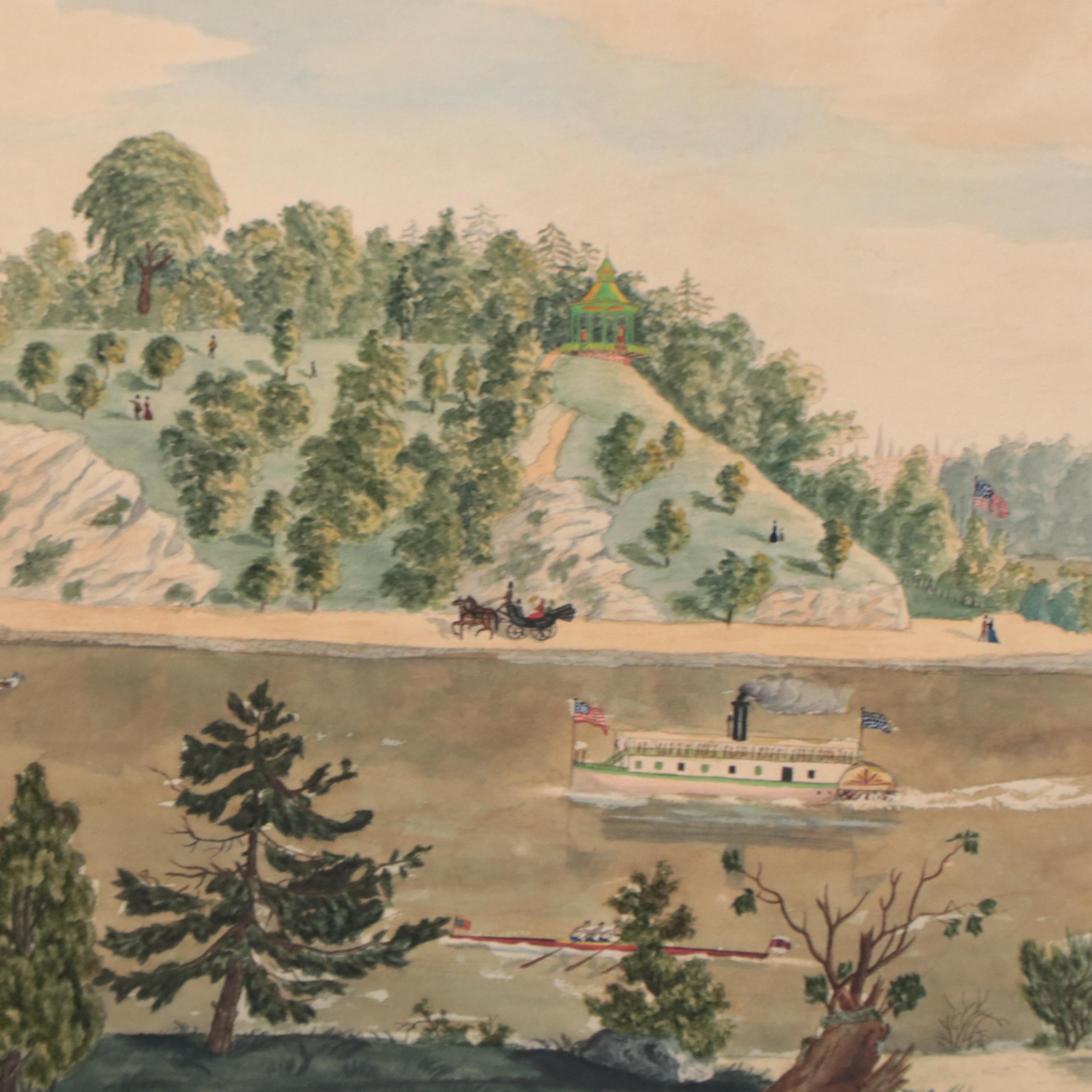 Folk Art Watercolor Painting of River Landscape