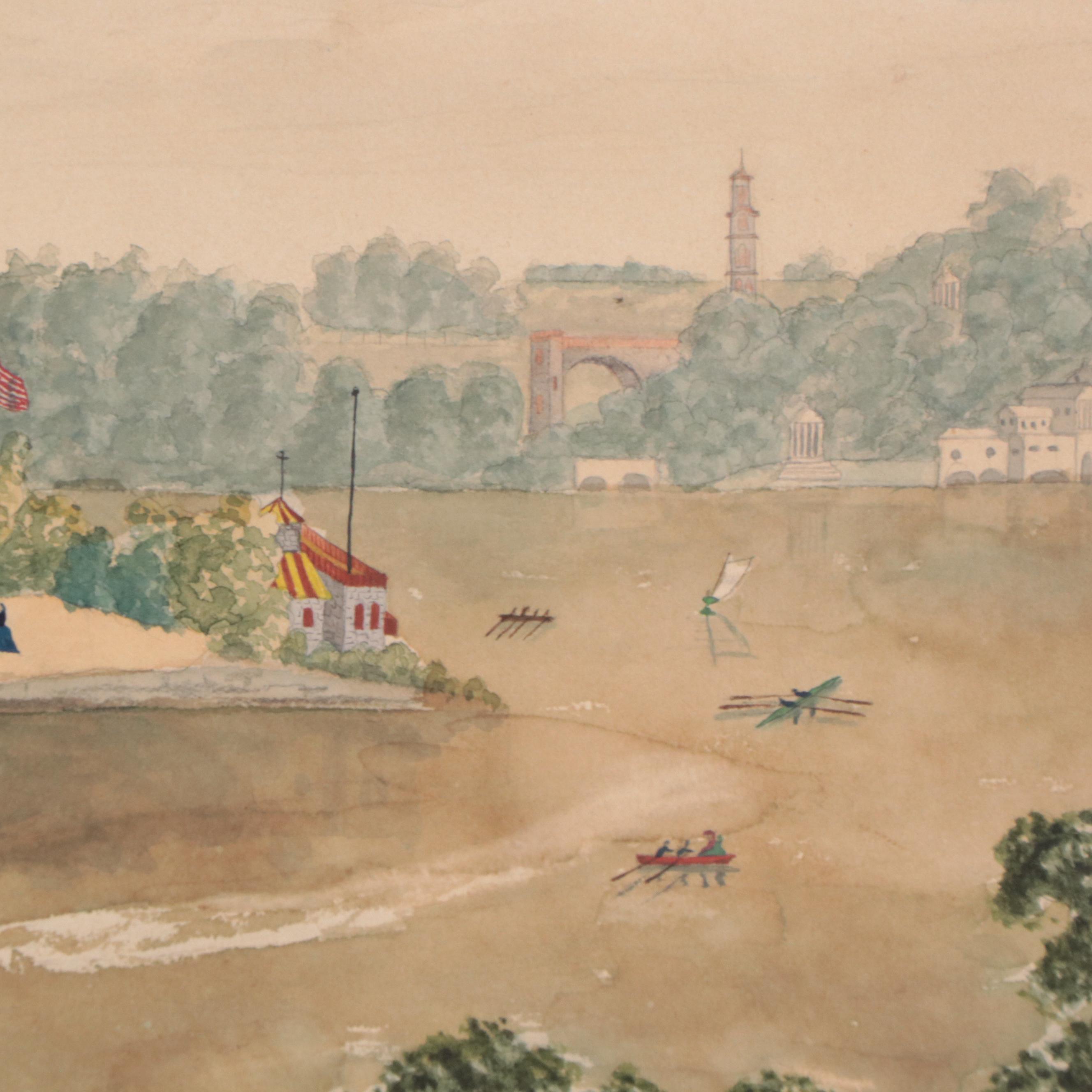 Folk Art Watercolor Painting of River Landscape