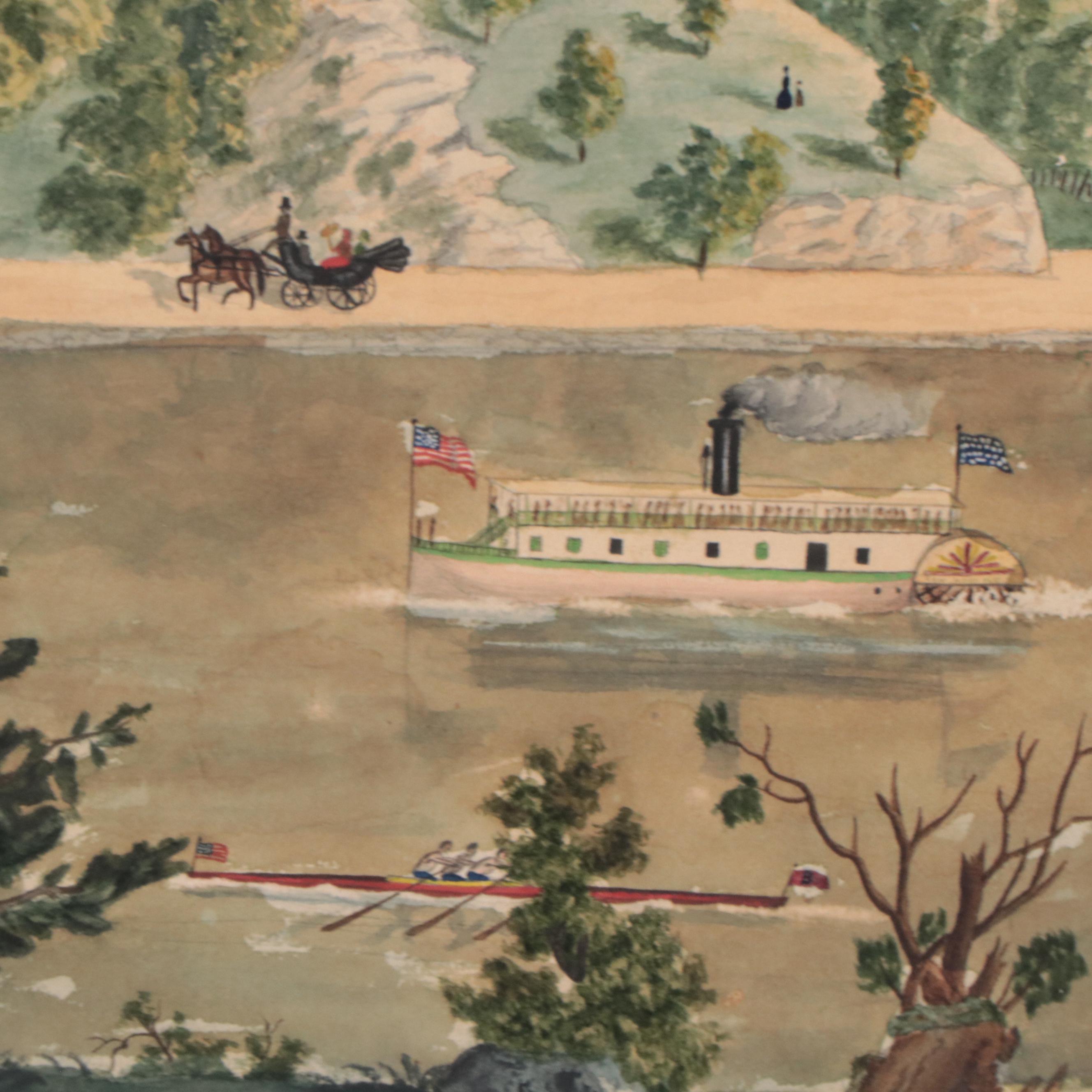 Folk Art Watercolor Painting of River Landscape