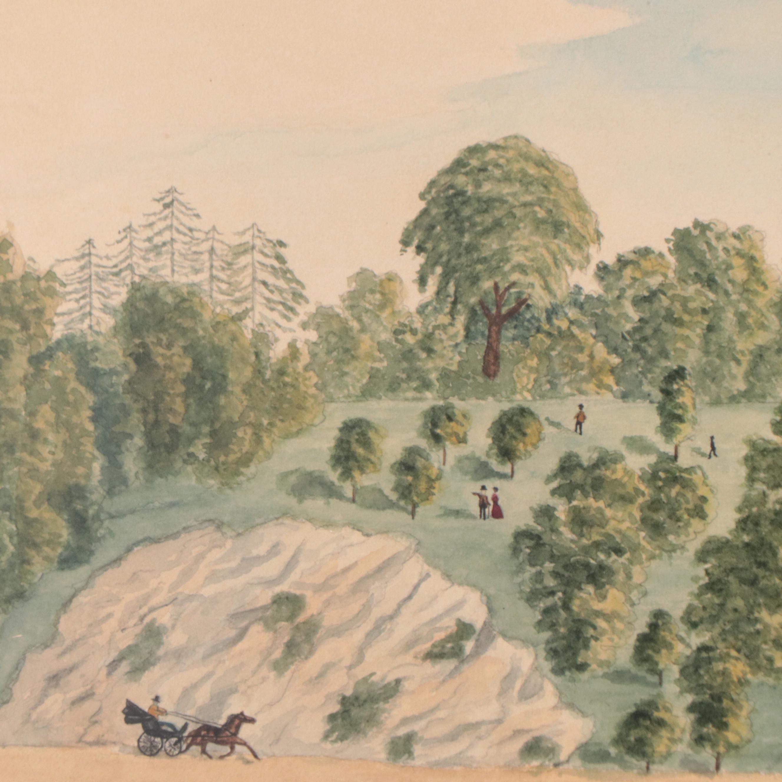 Folk Art Watercolor Painting of River Landscape