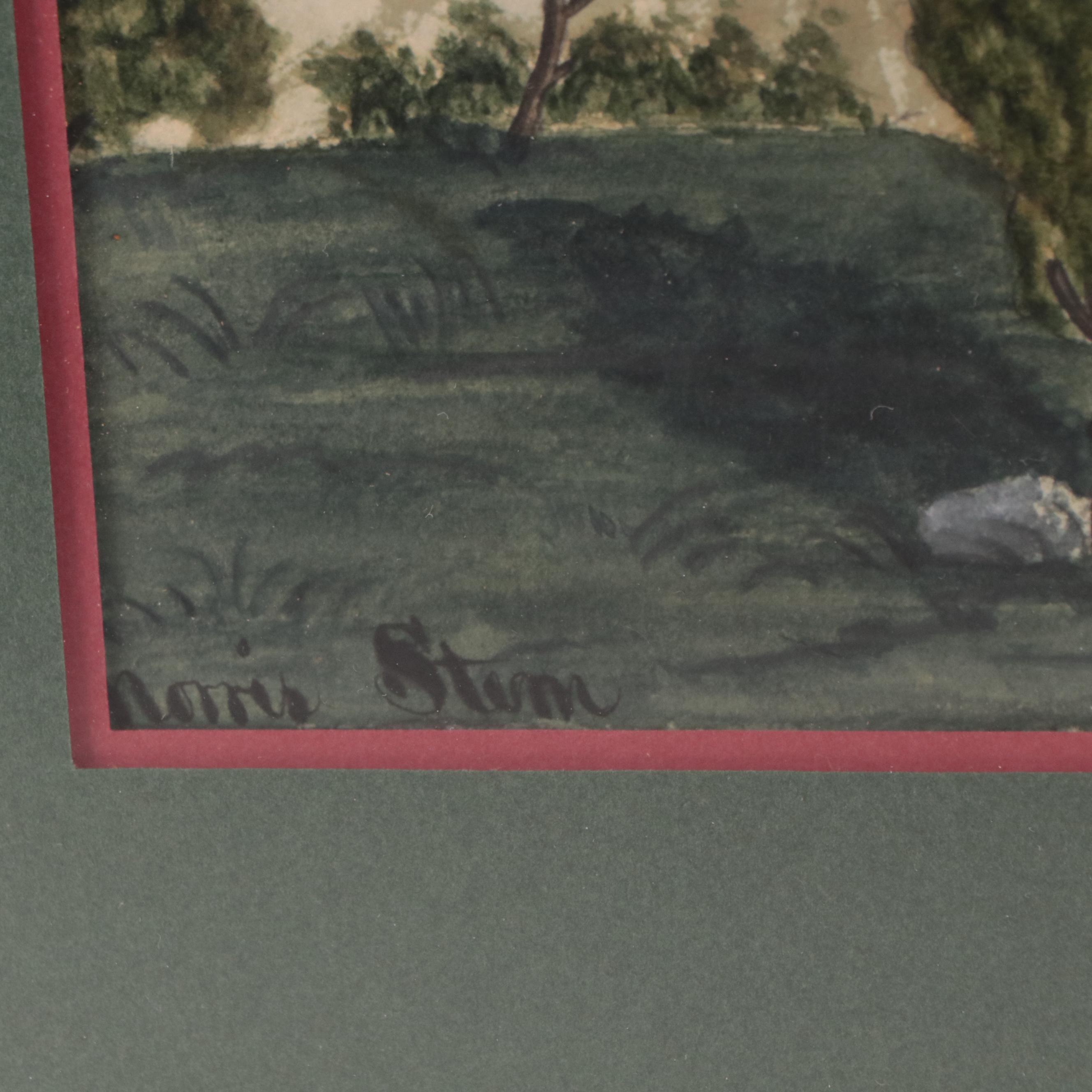 Folk Art Watercolor Painting of River Landscape