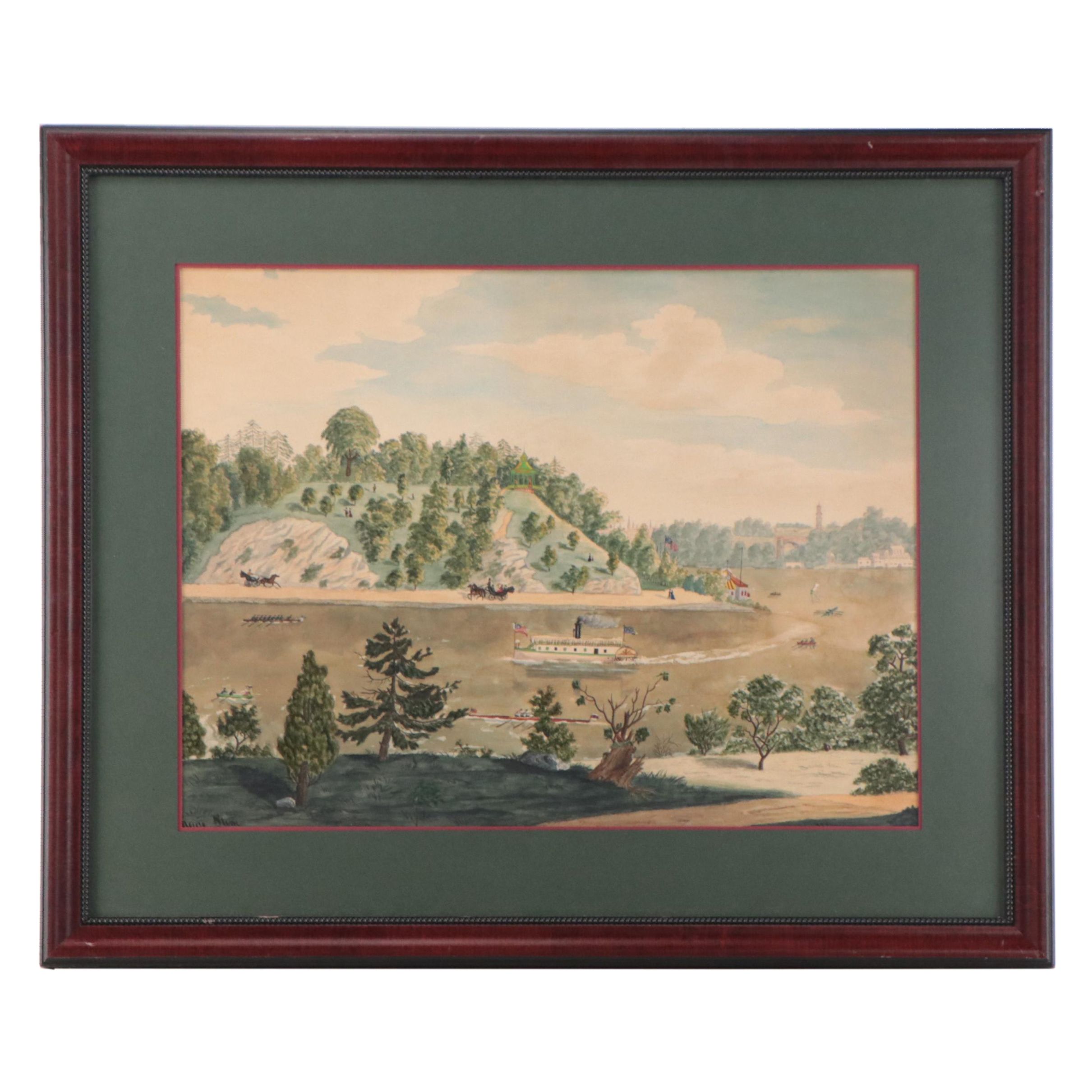 Folk Art Watercolor Painting of River Landscape