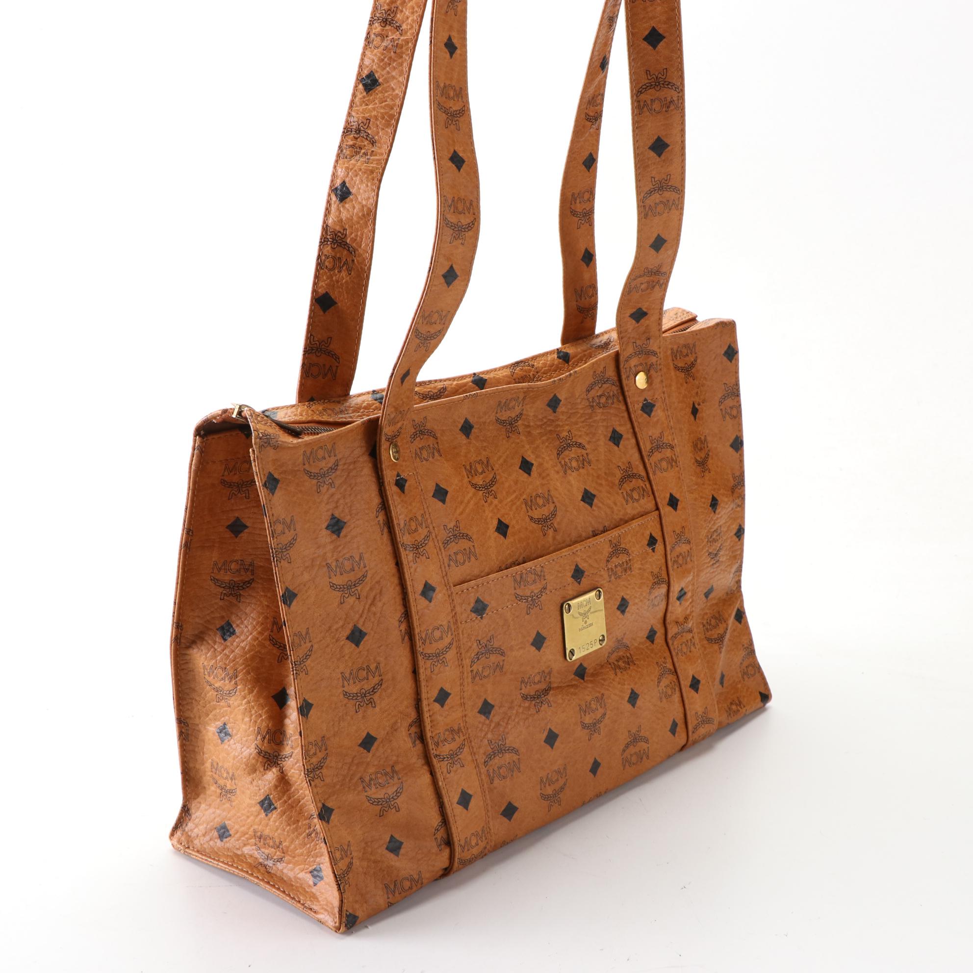 MCM Heritage Zippered Shopper Tote Bag in Cognac Visetos Coated Canvas