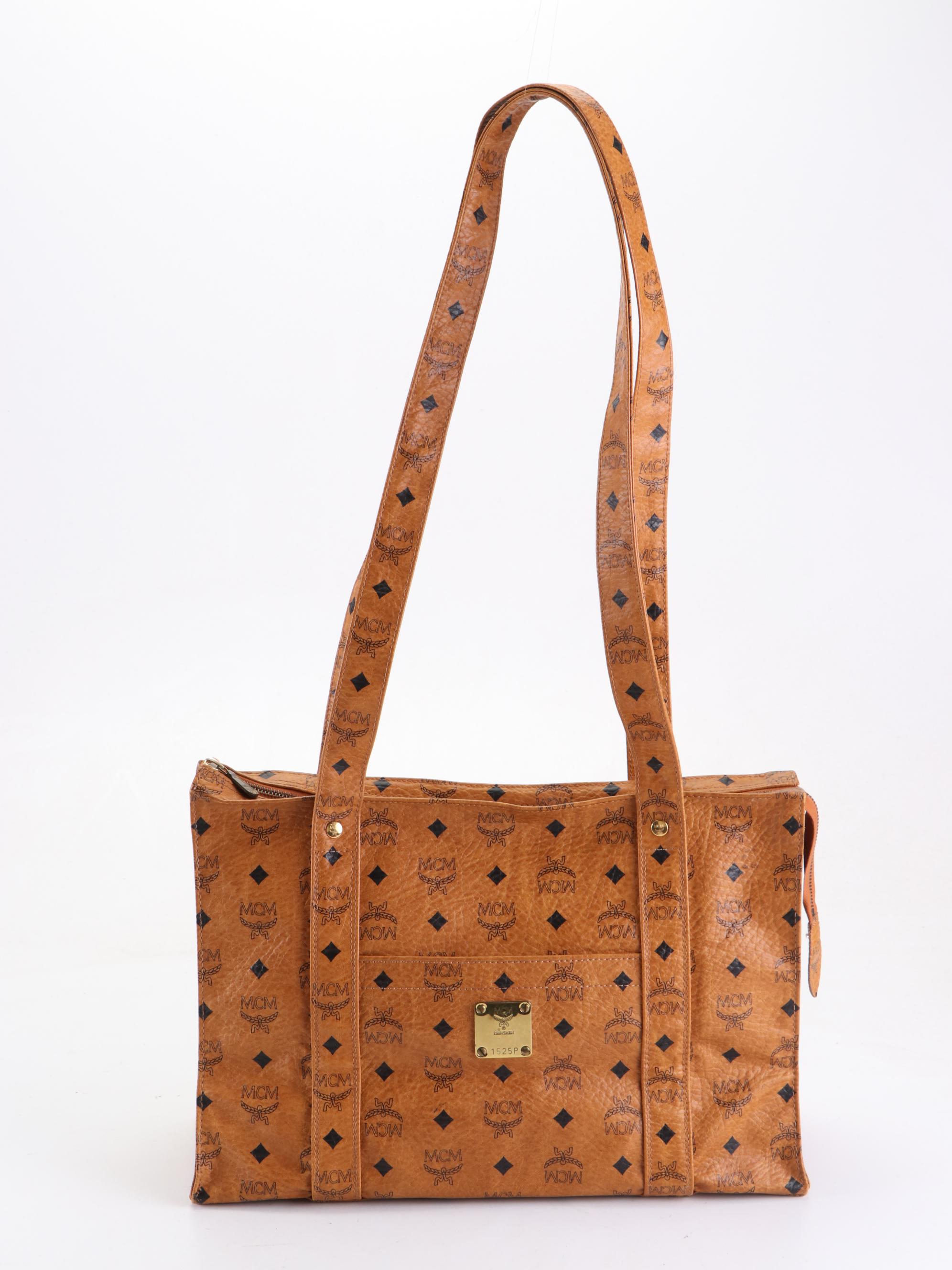 MCM Heritage Zippered Shopper Tote Bag in Cognac Visetos Coated Canvas