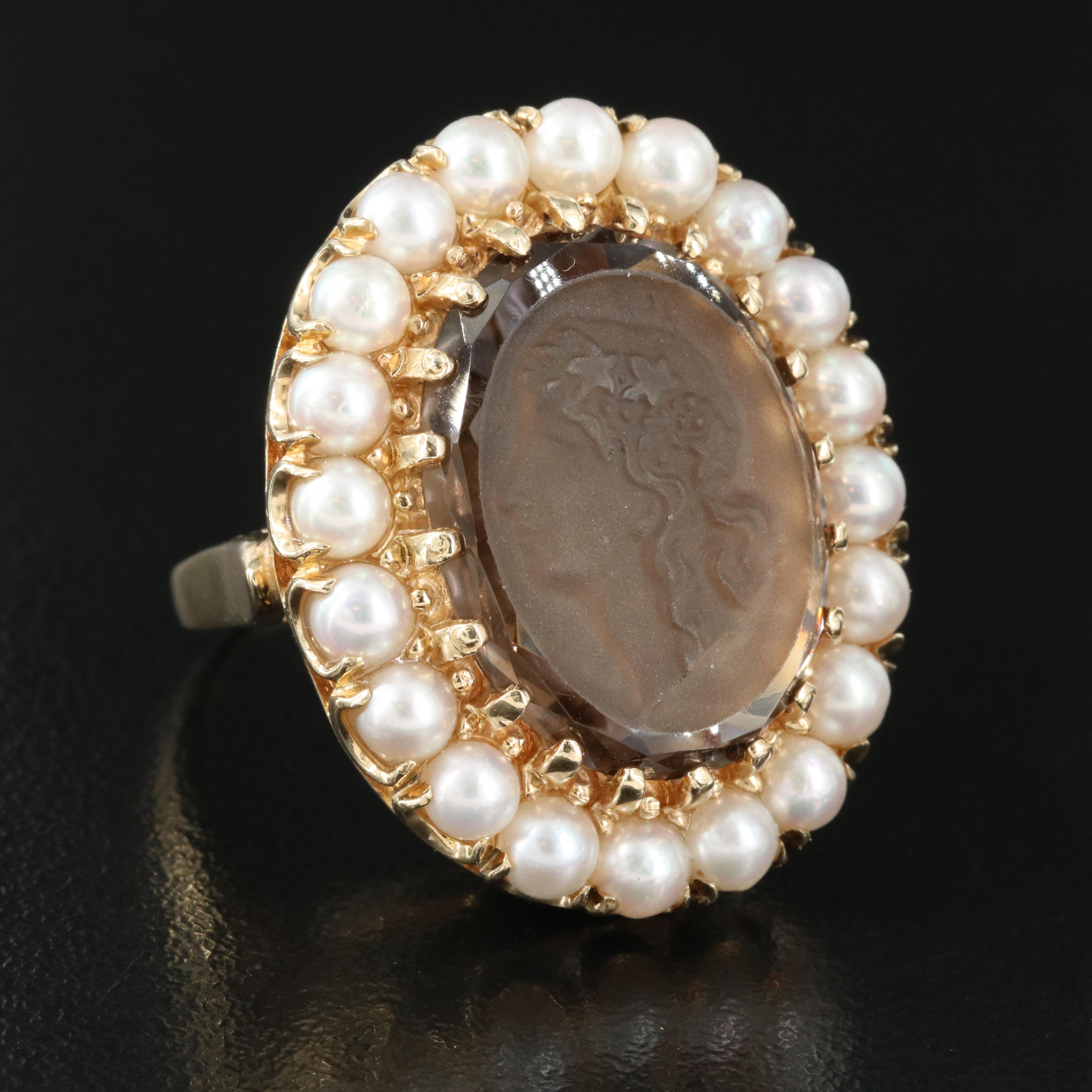 14K Pearl and Smoky Quartz Cameo Ring