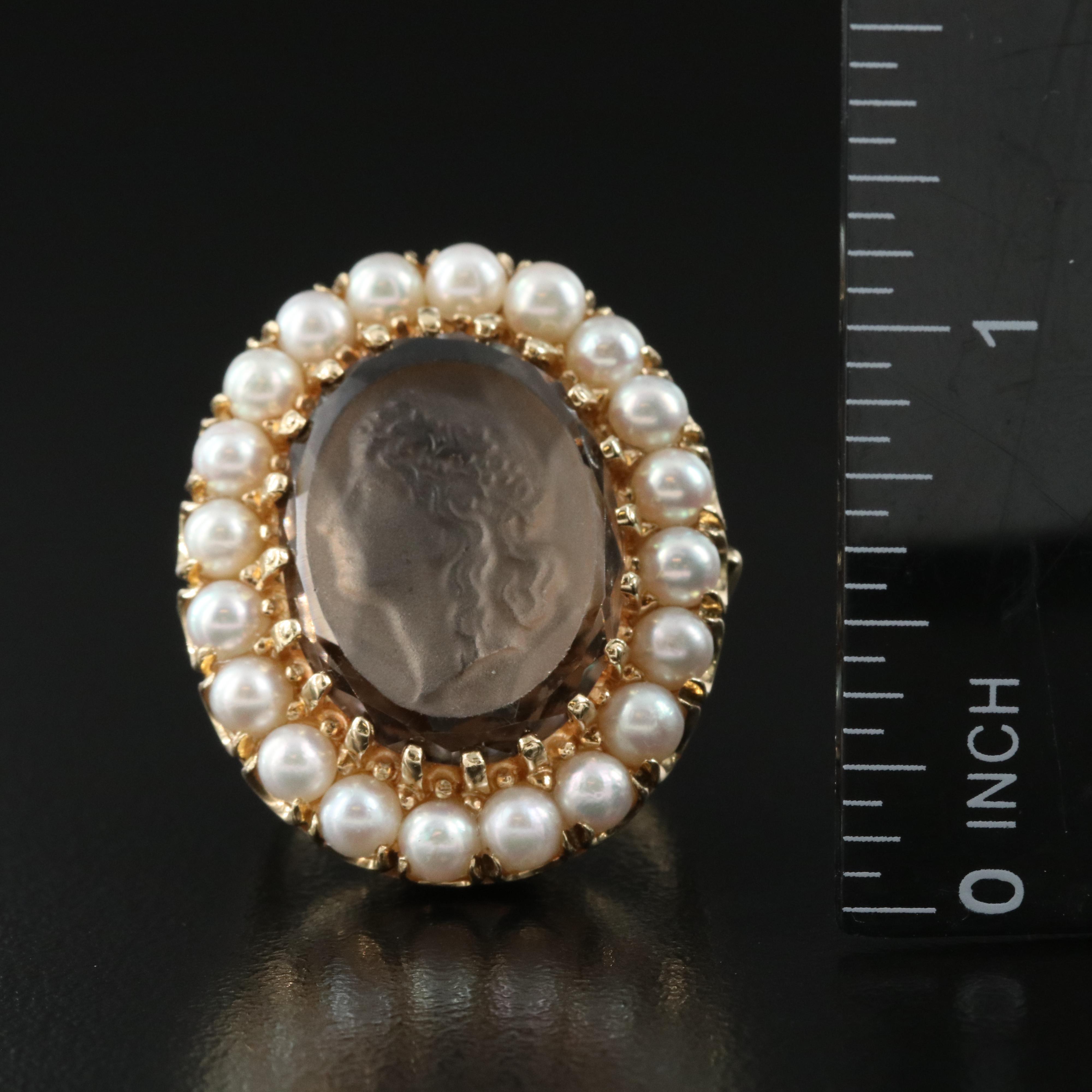 14K Pearl and Smoky Quartz Cameo Ring