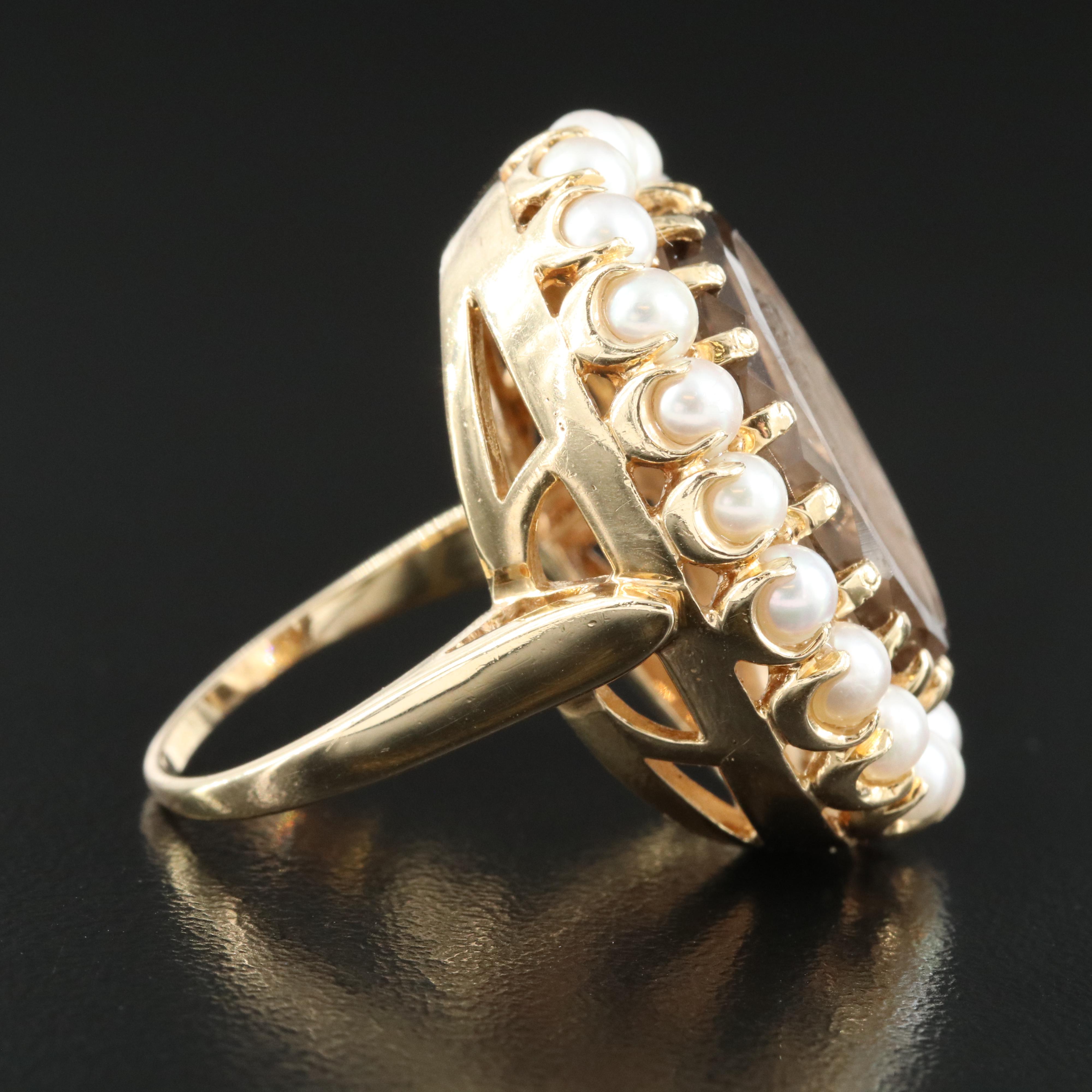 14K Pearl and Smoky Quartz Cameo Ring