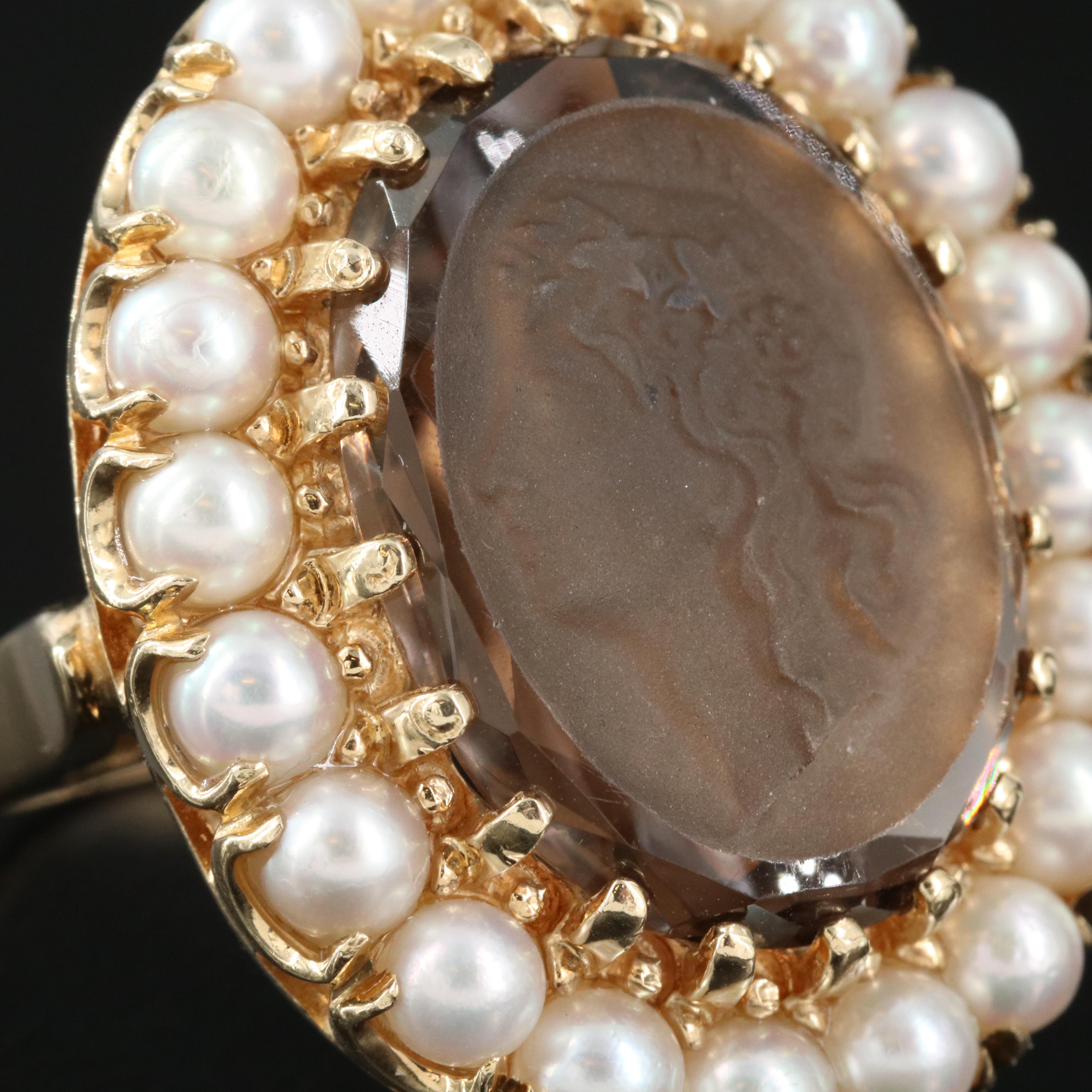 14K Pearl and Smoky Quartz Cameo Ring