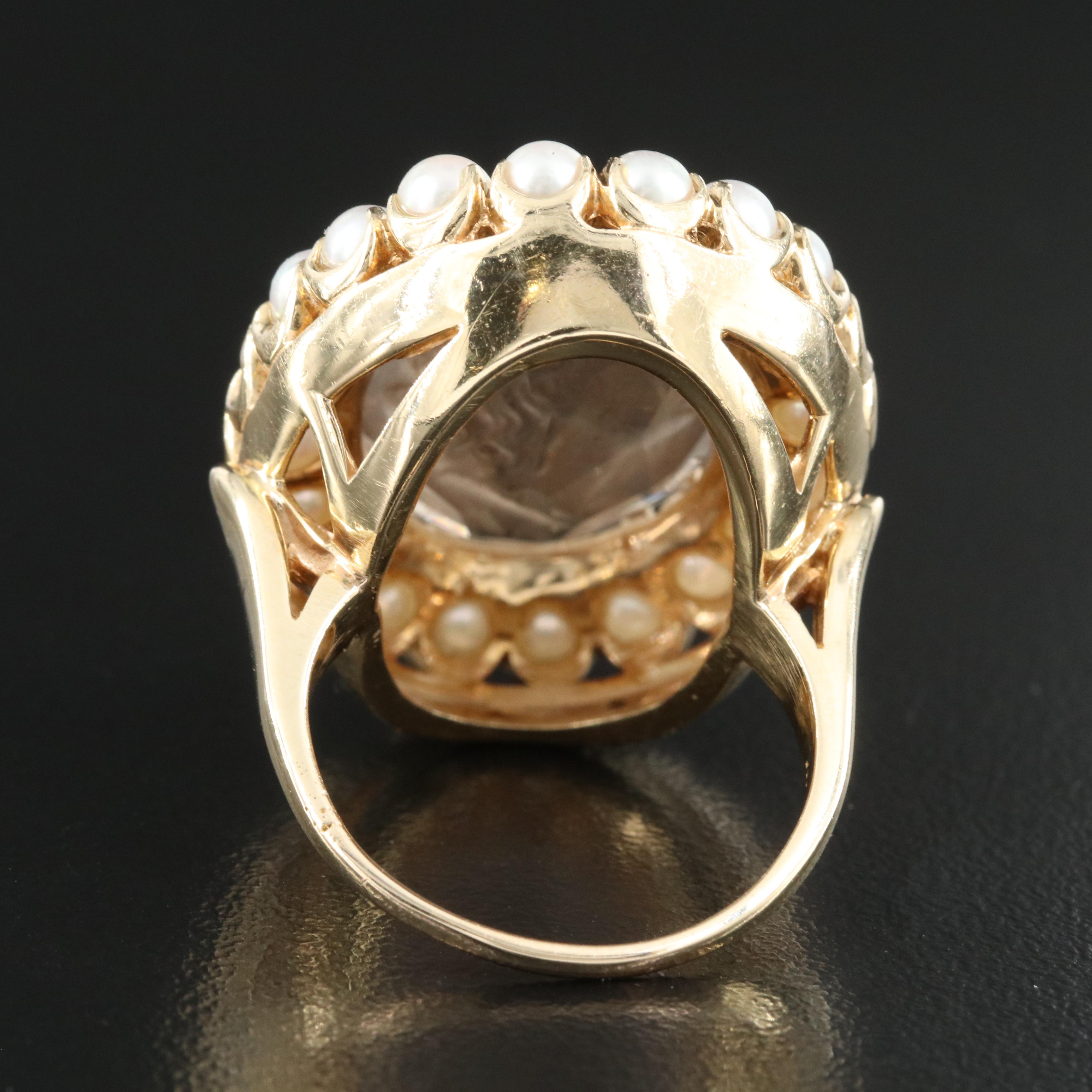 14K Pearl and Smoky Quartz Cameo Ring