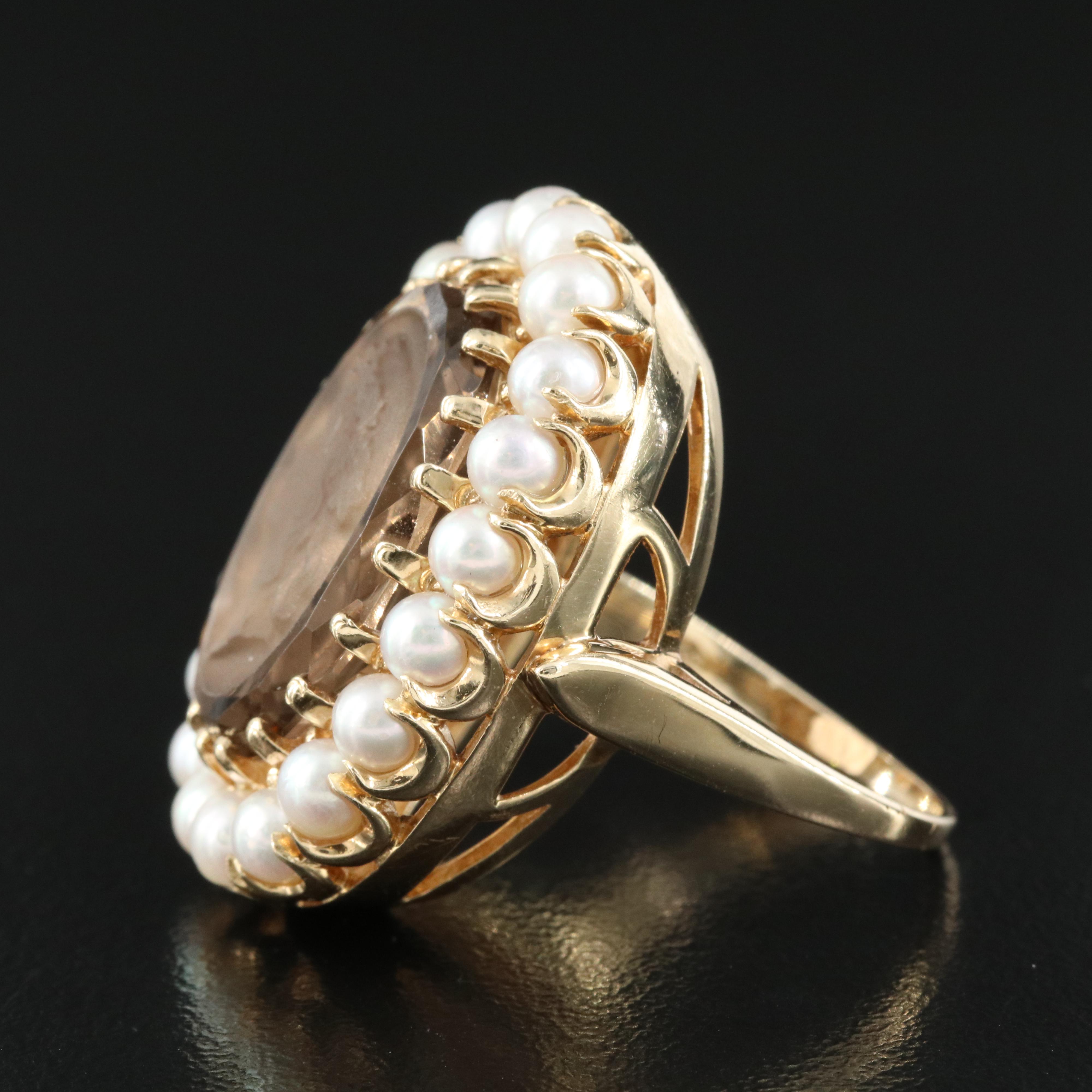 14K Pearl and Smoky Quartz Cameo Ring