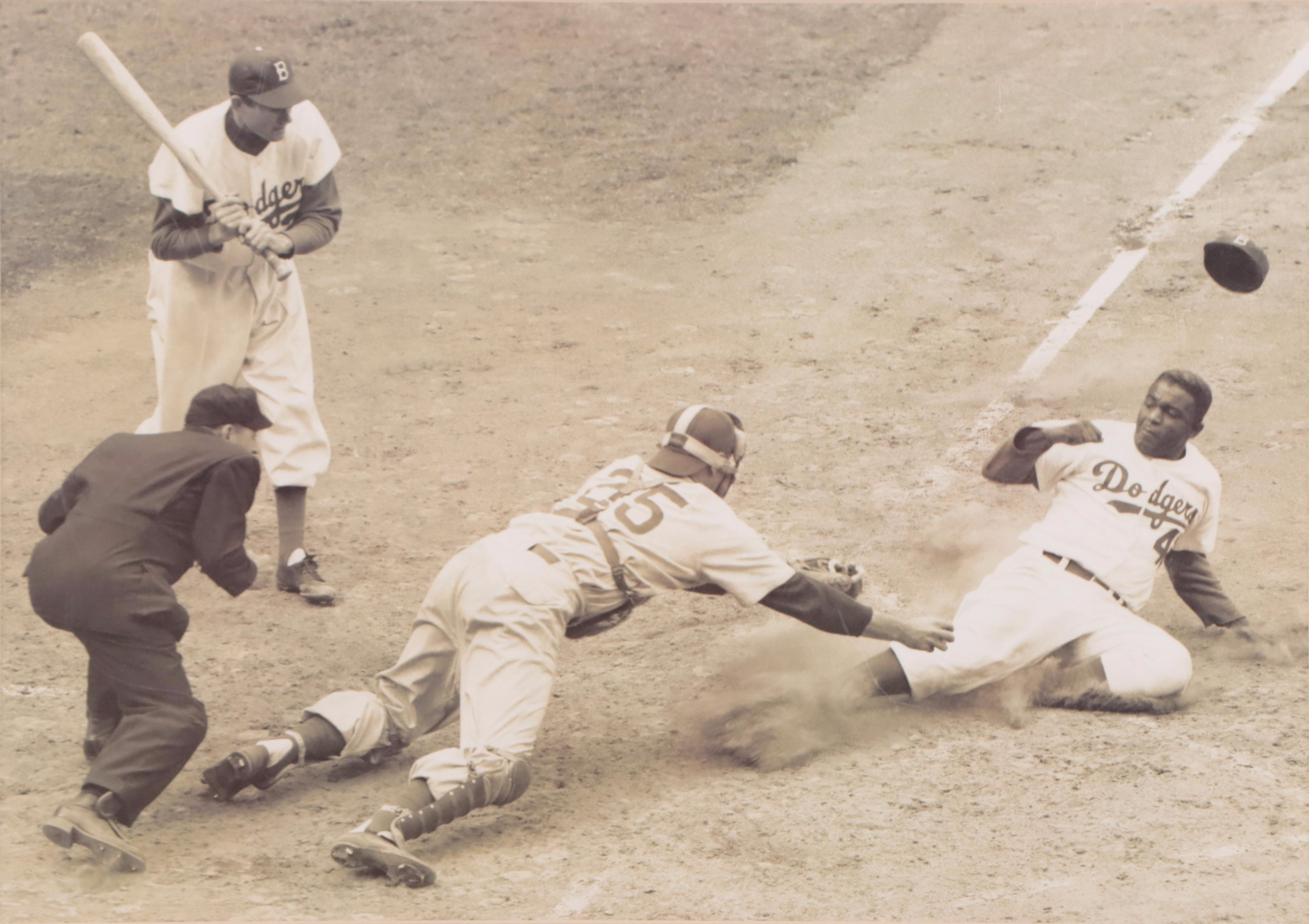 Offset Lithograph of Jackie Robinson Stealing Home in 1952