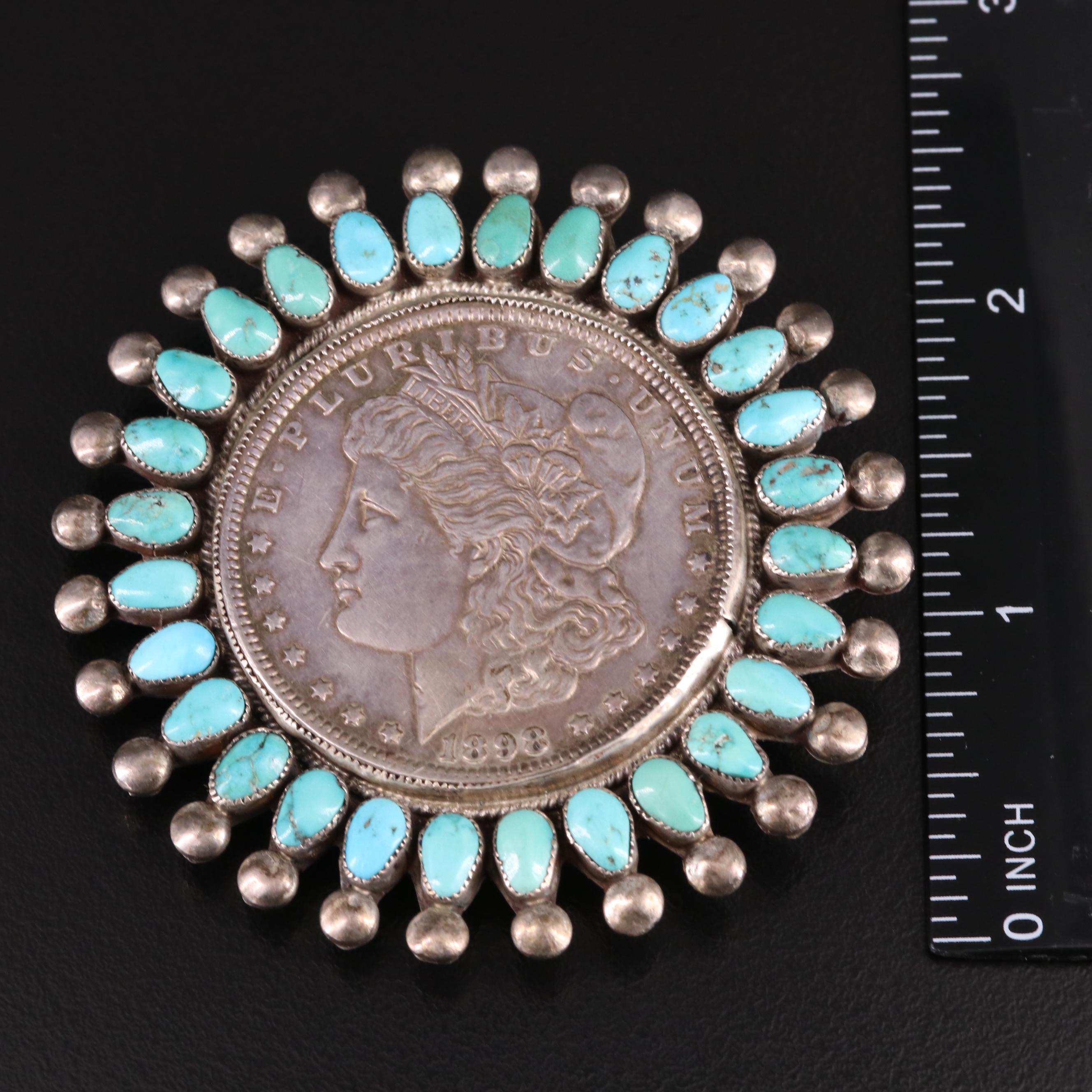 Southwestern Sterling Turquoise Pendant with 1898 Morgan Silver Dollar